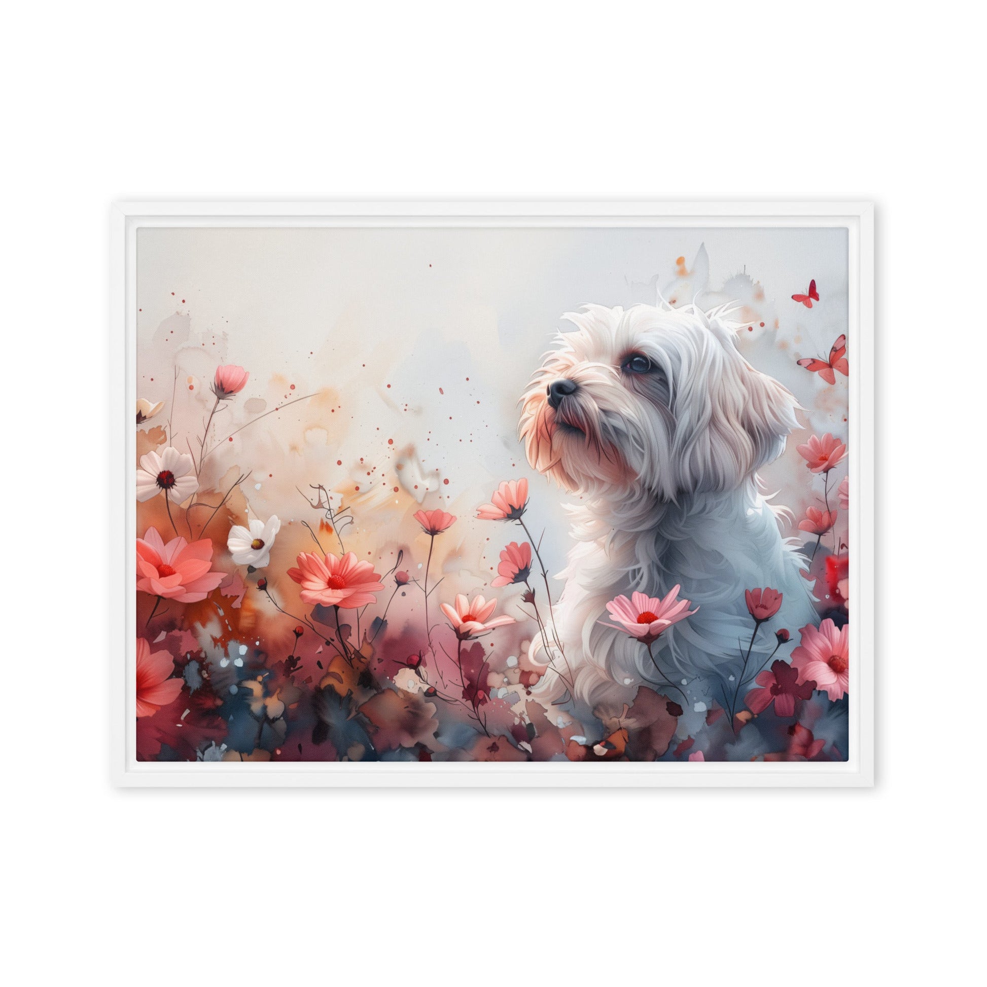 A Coton de Tulear in a field of flowers with butterflies. 