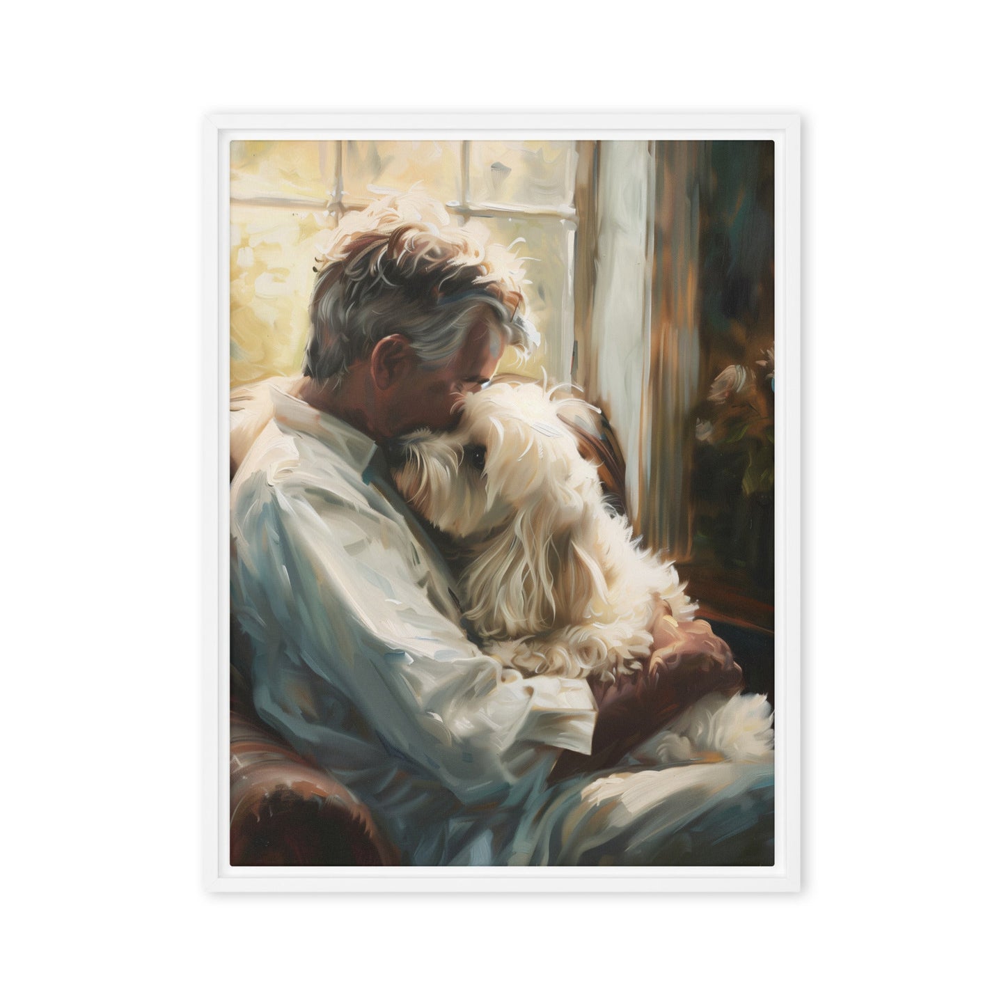 Man holds his Coton De Tulear dog sitting on a chair in a study