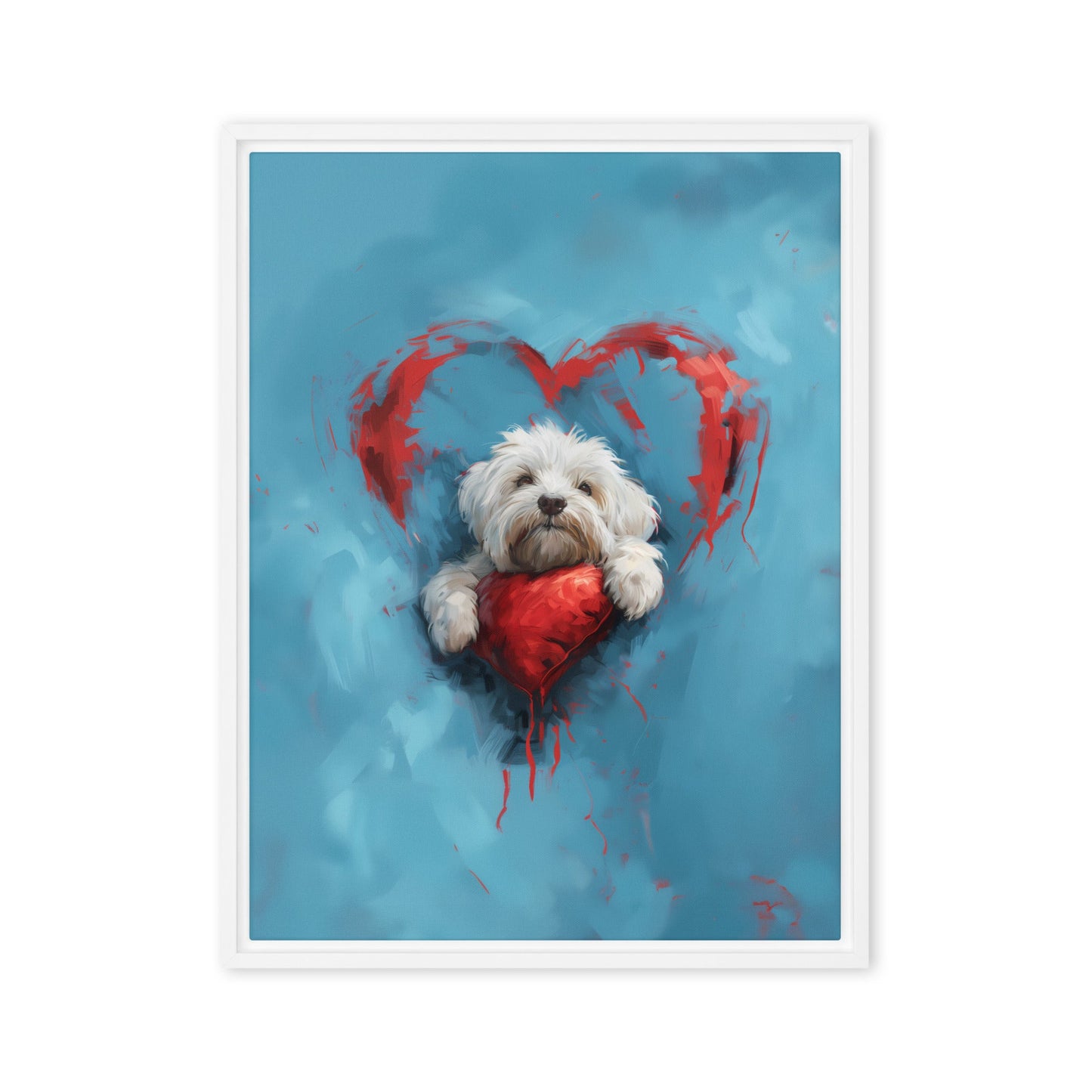 A Coton de Tulear sits on a red heart, surrounded by a red heart on a blue background. 