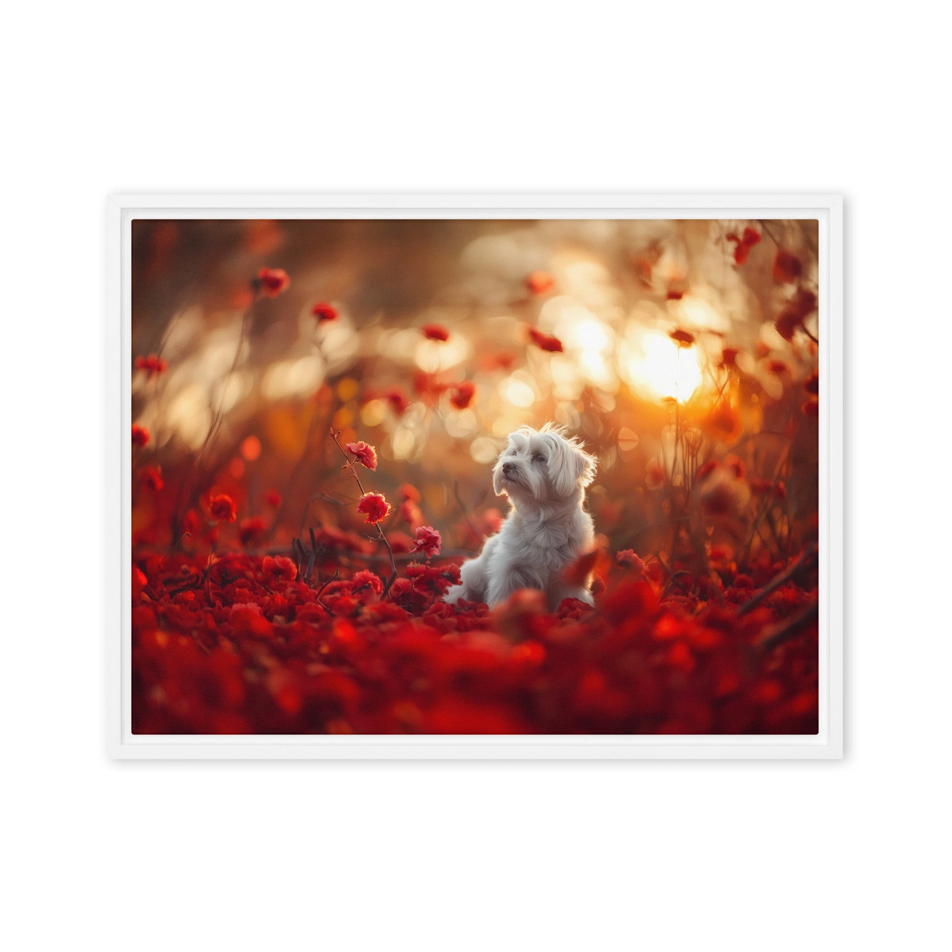 A Coton De Tulear dog sits in among red flowers at sunset