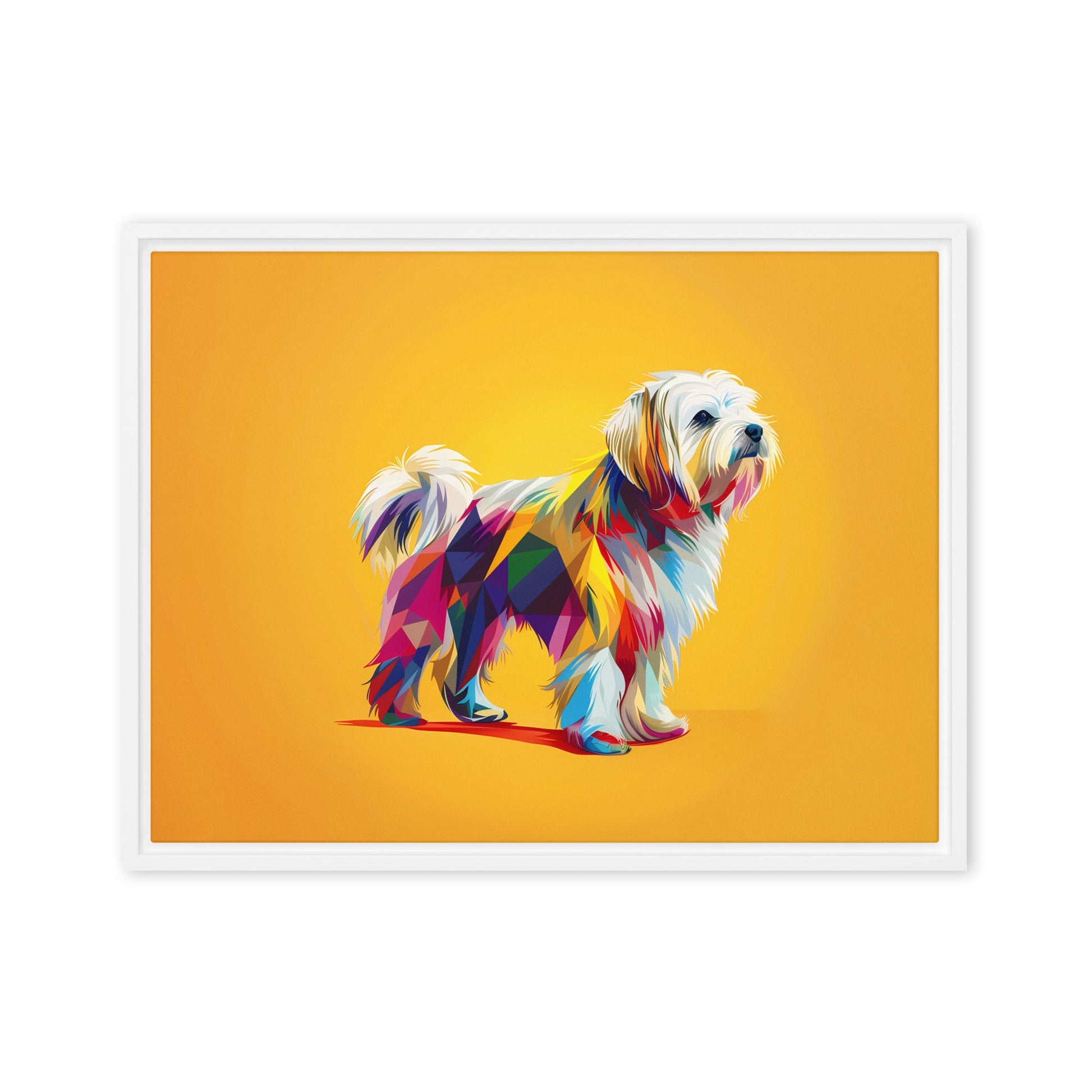 A Geometric Coton de Tulear Graphic with origami inspired color blocks.