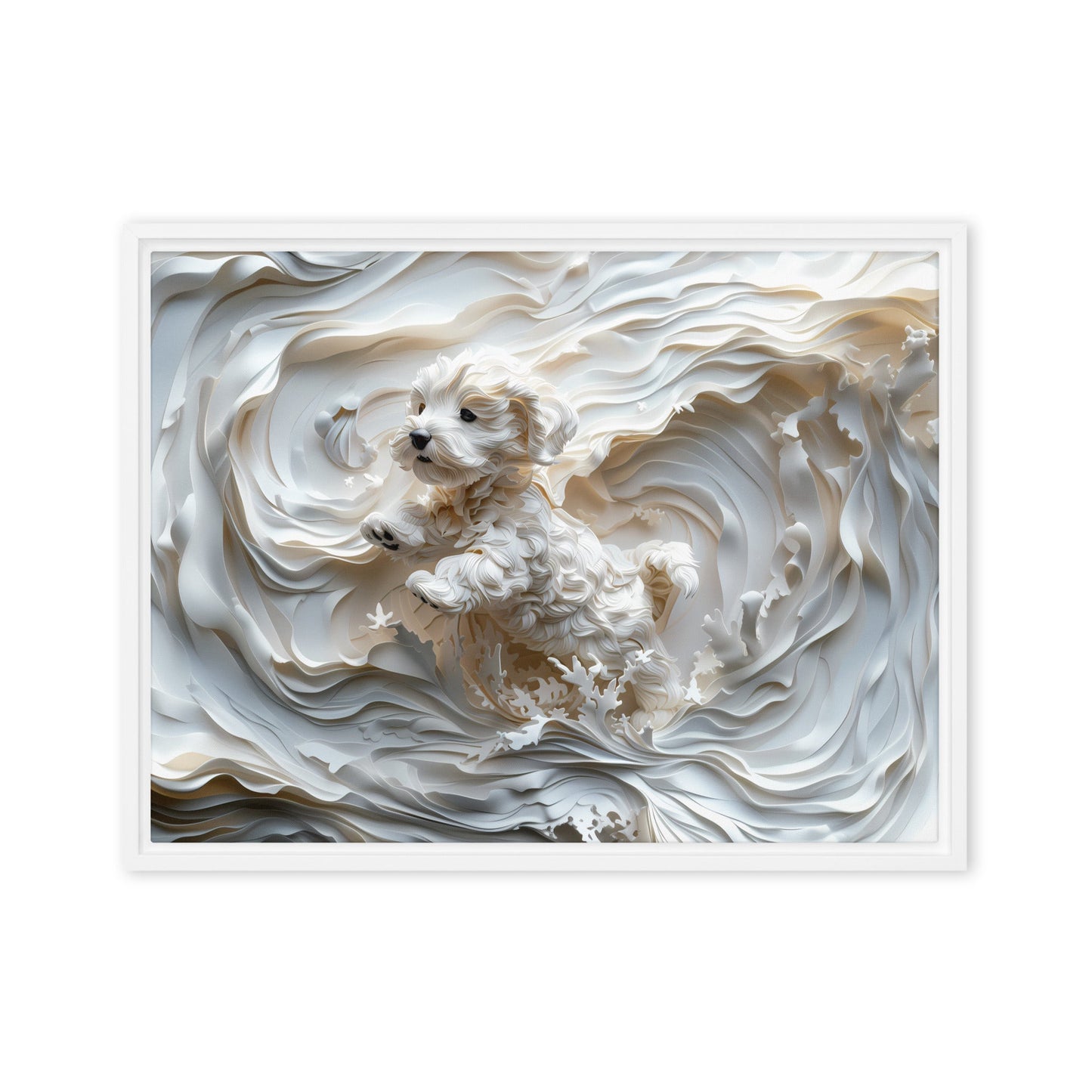 A Coton de Tulear relief with swirling background, all white. 