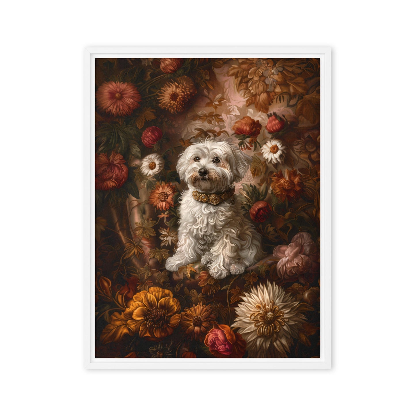 A Coton De Tulear dog featured in a Renaissance Painting with floral background