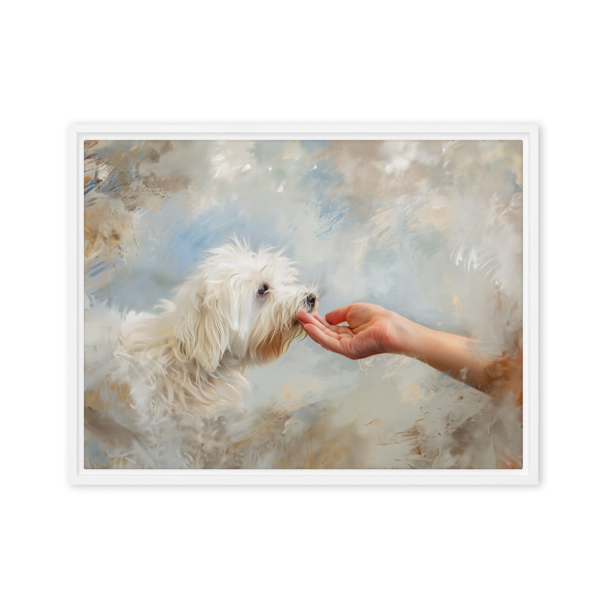 A Coton De Tulear dog kisses a human hand in the clouds