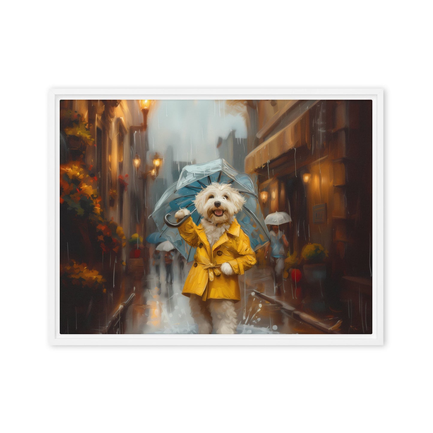 A Coton de Tulear walks down a rainy street upright wearing a yellow rain coat and umbrella.