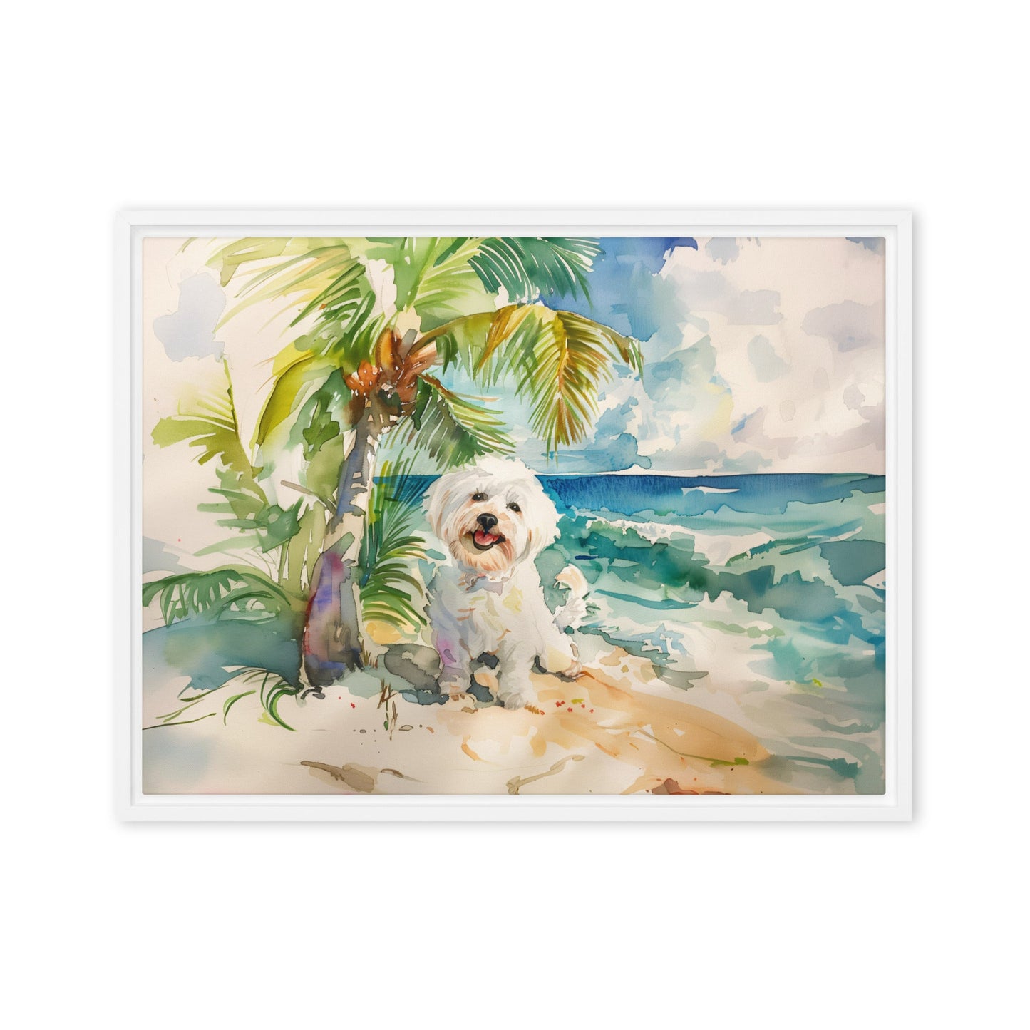 A Coton de Tulear relaxes on an island beach scene.