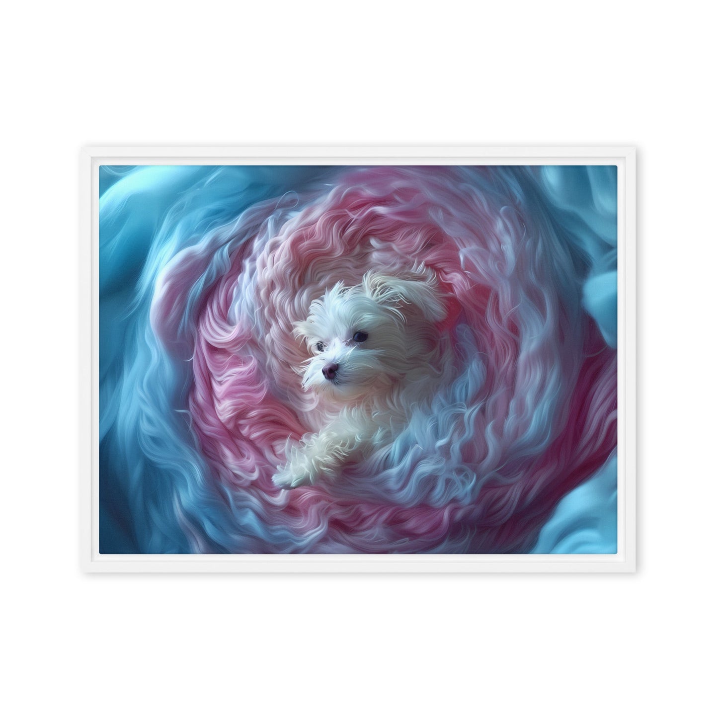 A Coton de Tulear wrapped in a 2D relief of swirling winds.