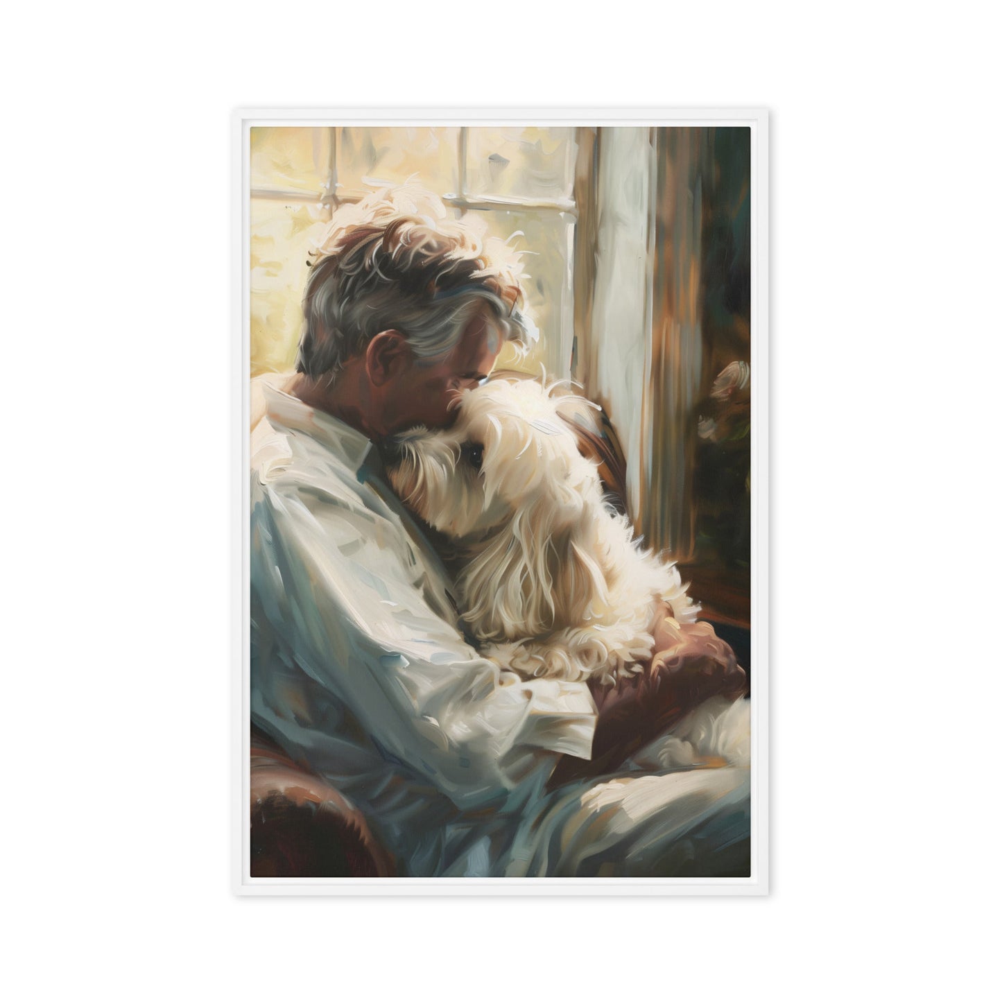 Man holds his Coton De Tulear dog sitting on a chair in a study