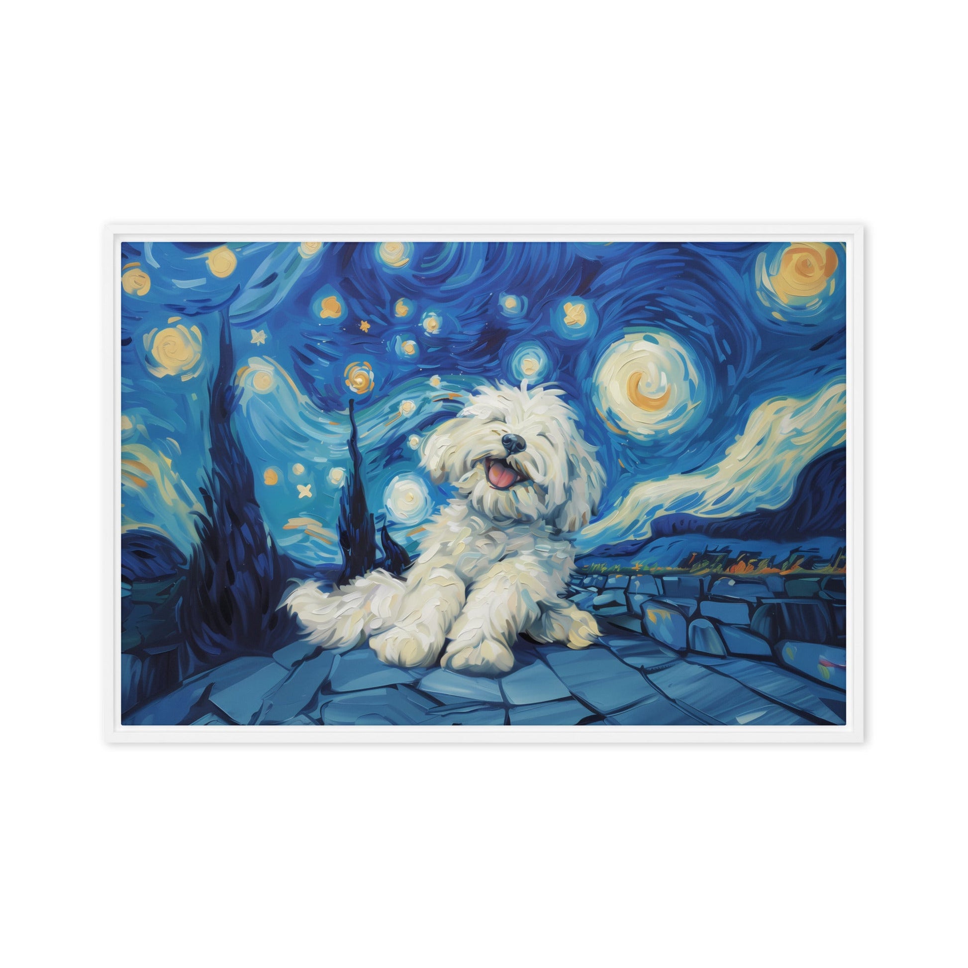 Van Gogh's Starry Night with a Happy Coton de Tulear.