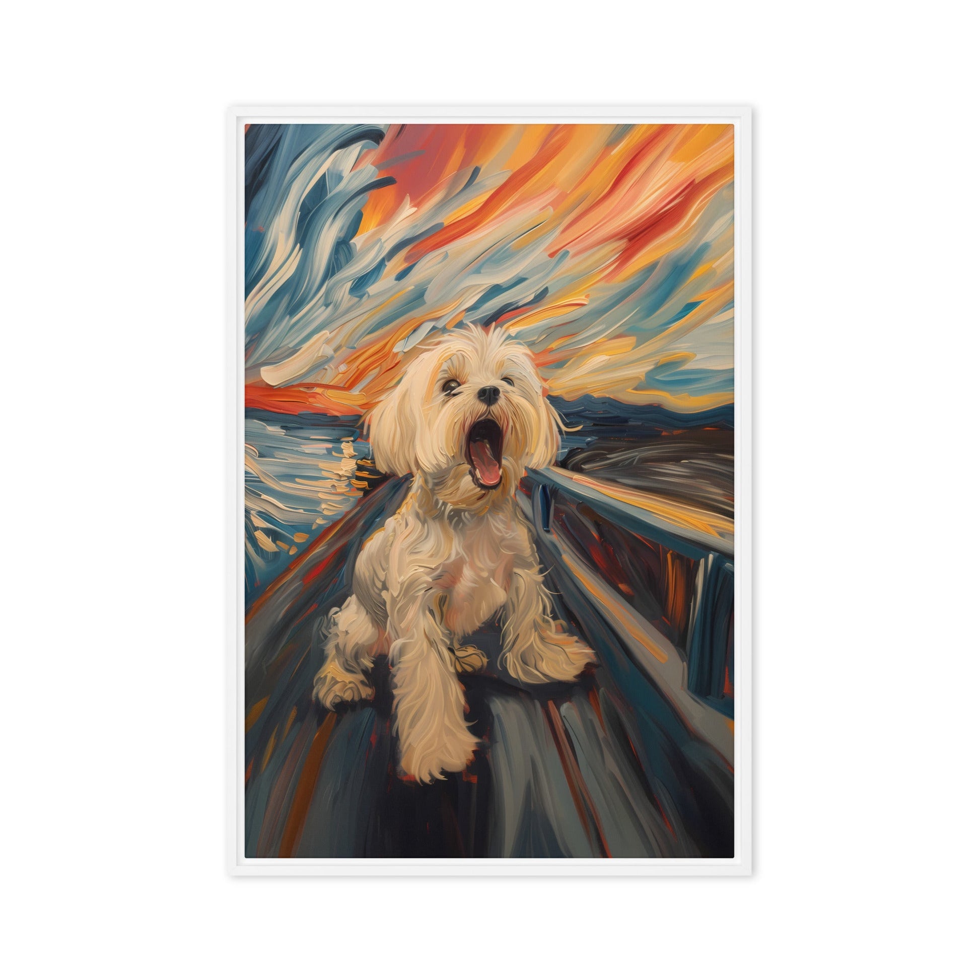 A Coton de Tulear howls in a parody painting of The Scream.