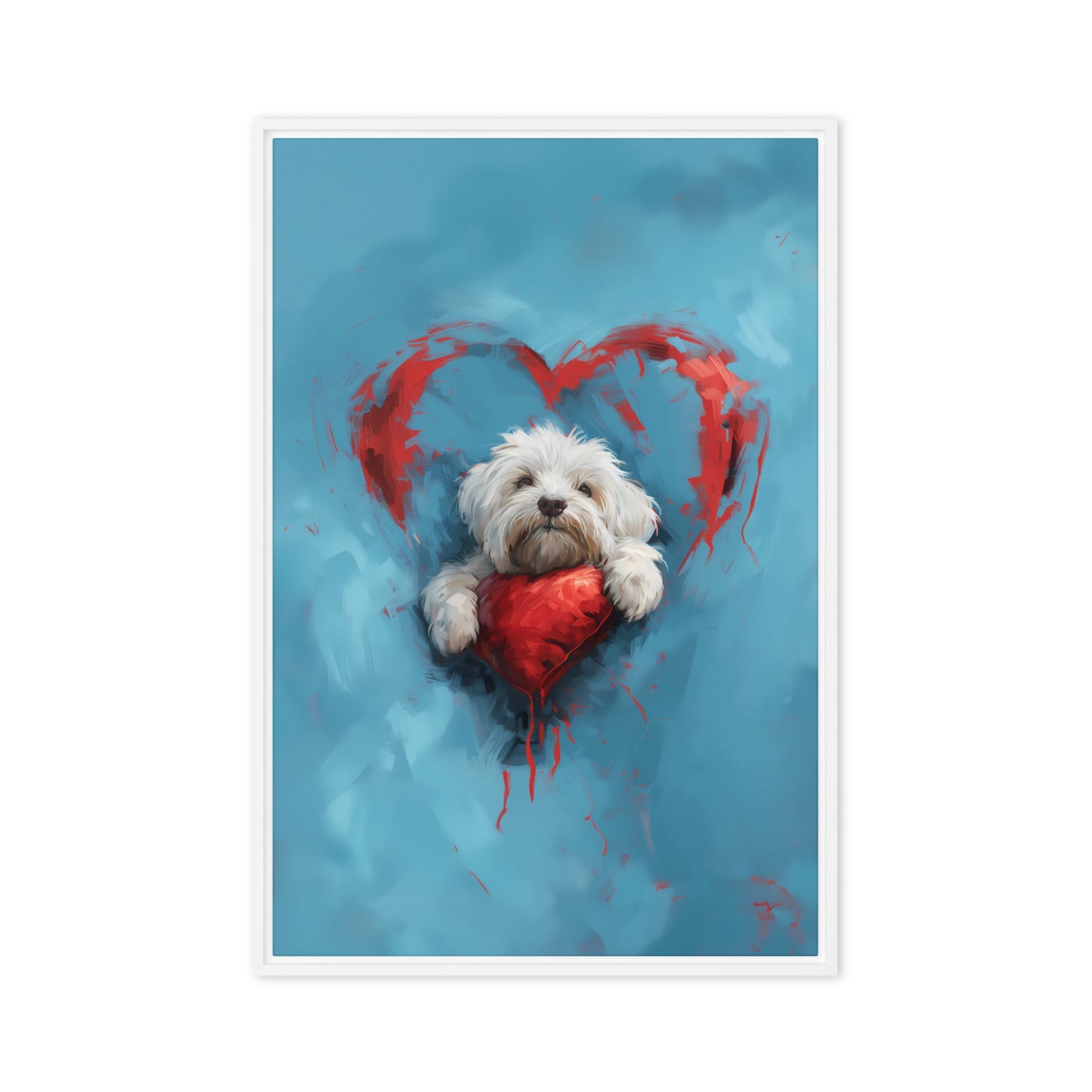 A Coton de Tulear sits on a red heart, surrounded by a red heart on a blue background. 