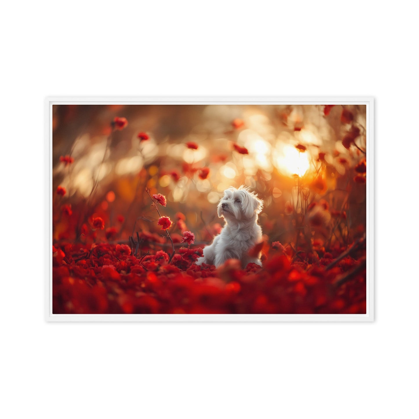 A Coton De Tulear dog sits in among red flowers at sunset