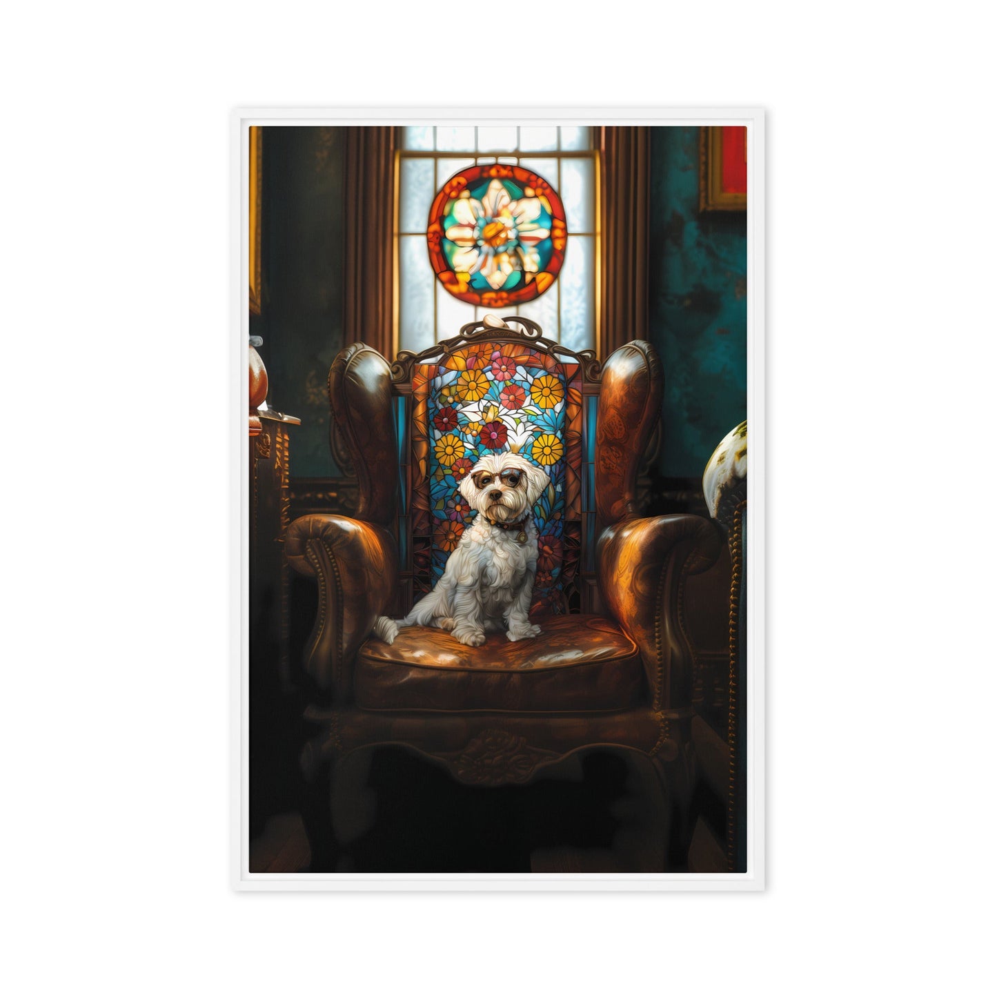 A Chic Coton de Tulear sits on a brown leather couch in a library with stained glass window.