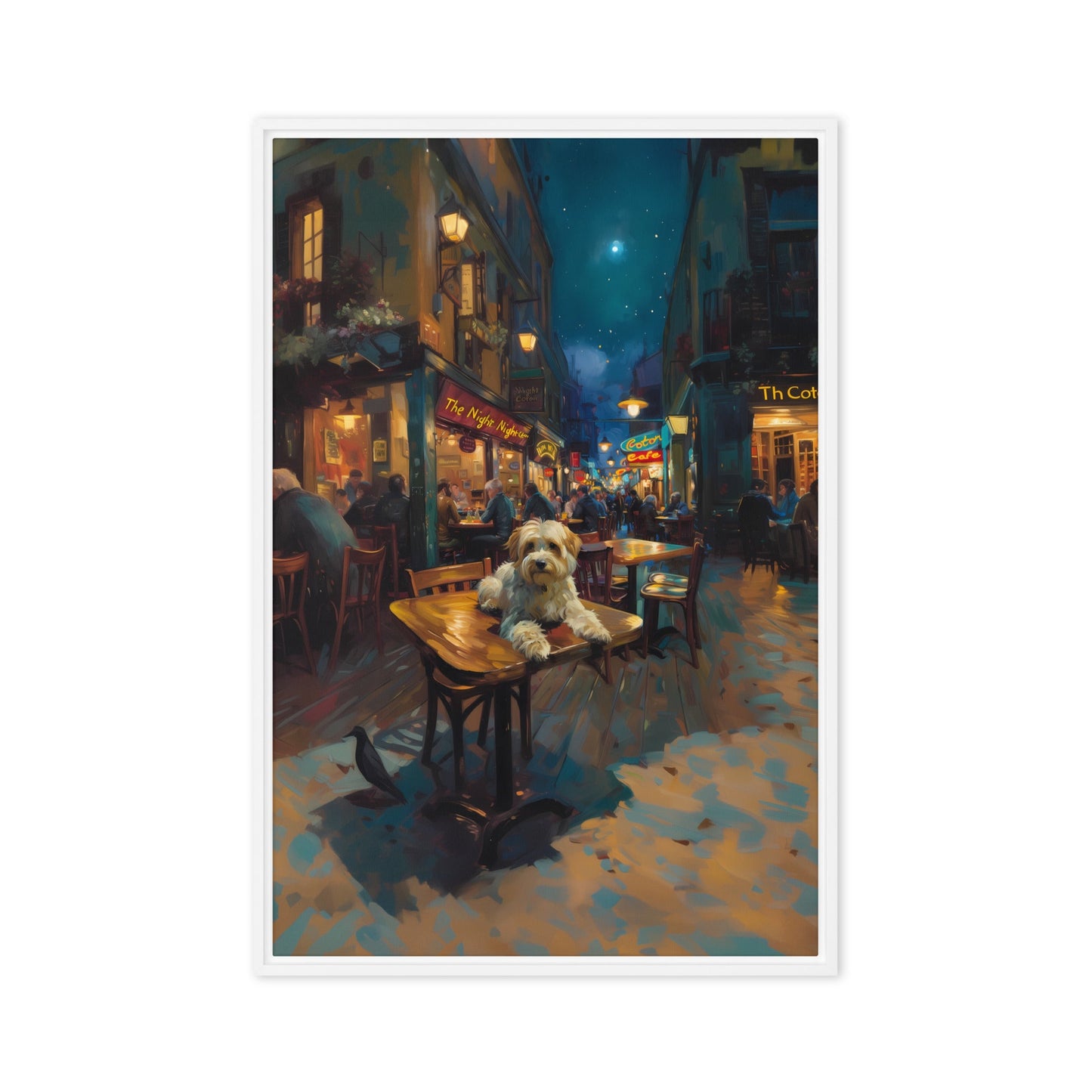 A Coton De Tulear dog at a cafe in Van Gogh’s Cafe street