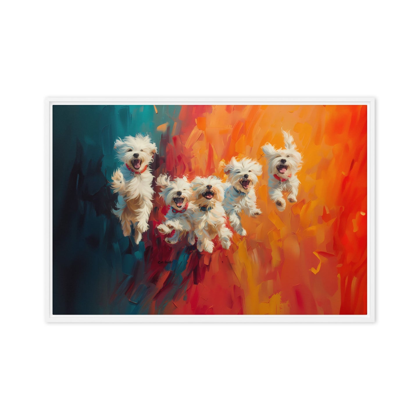 Five coton de Tulear puppies jumping in the air. Oil painting with blue and orange background.