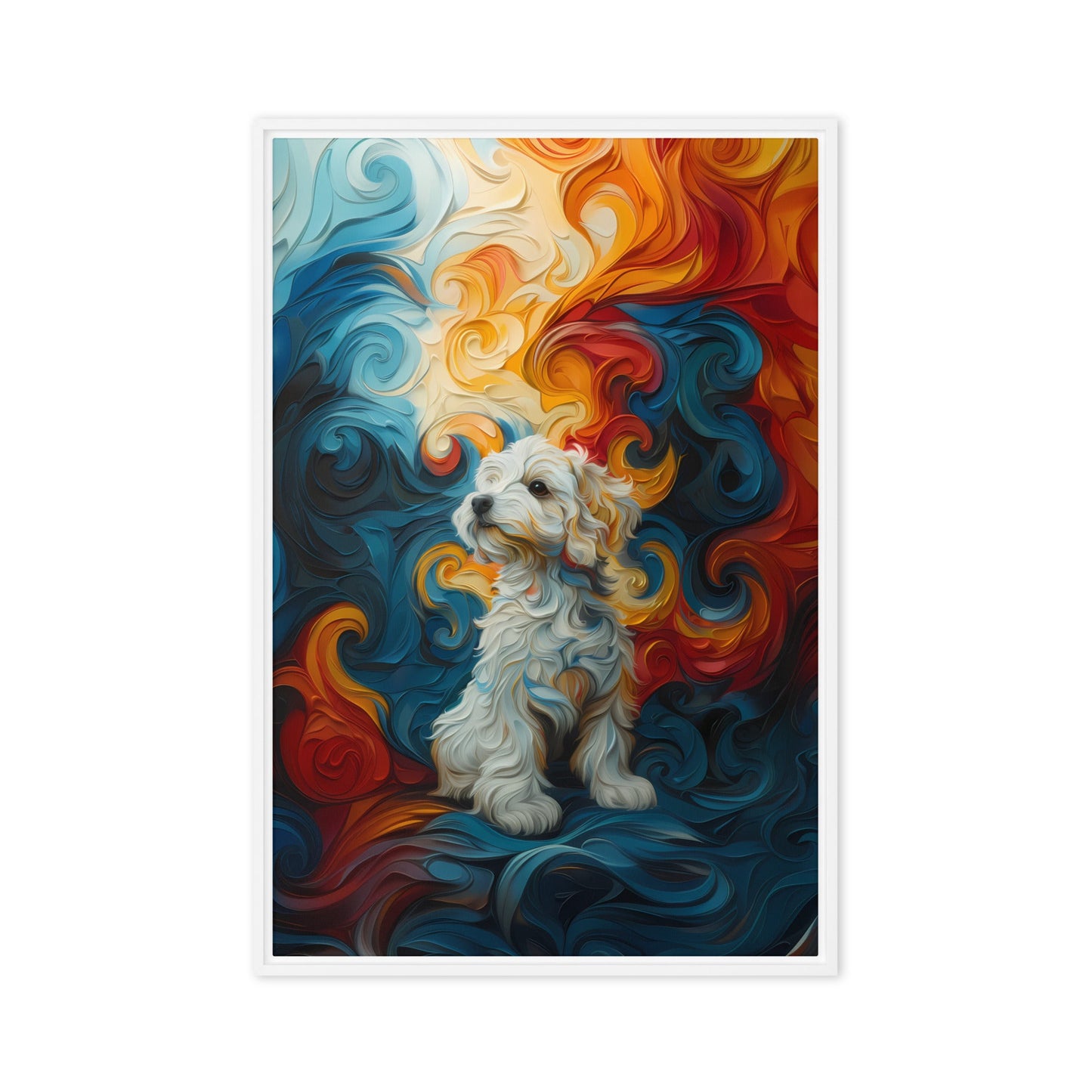 A Coton de Tulear sits in front of a swirling background of color: reds, oranges, yellows and blues.