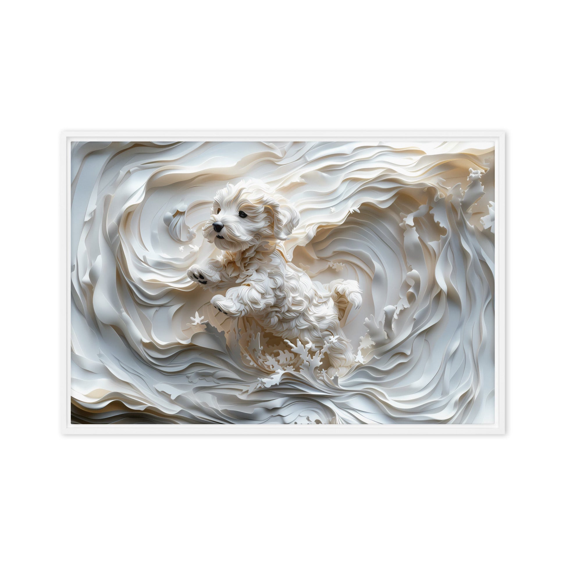 A Coton de Tulear relief with swirling background, all white. 