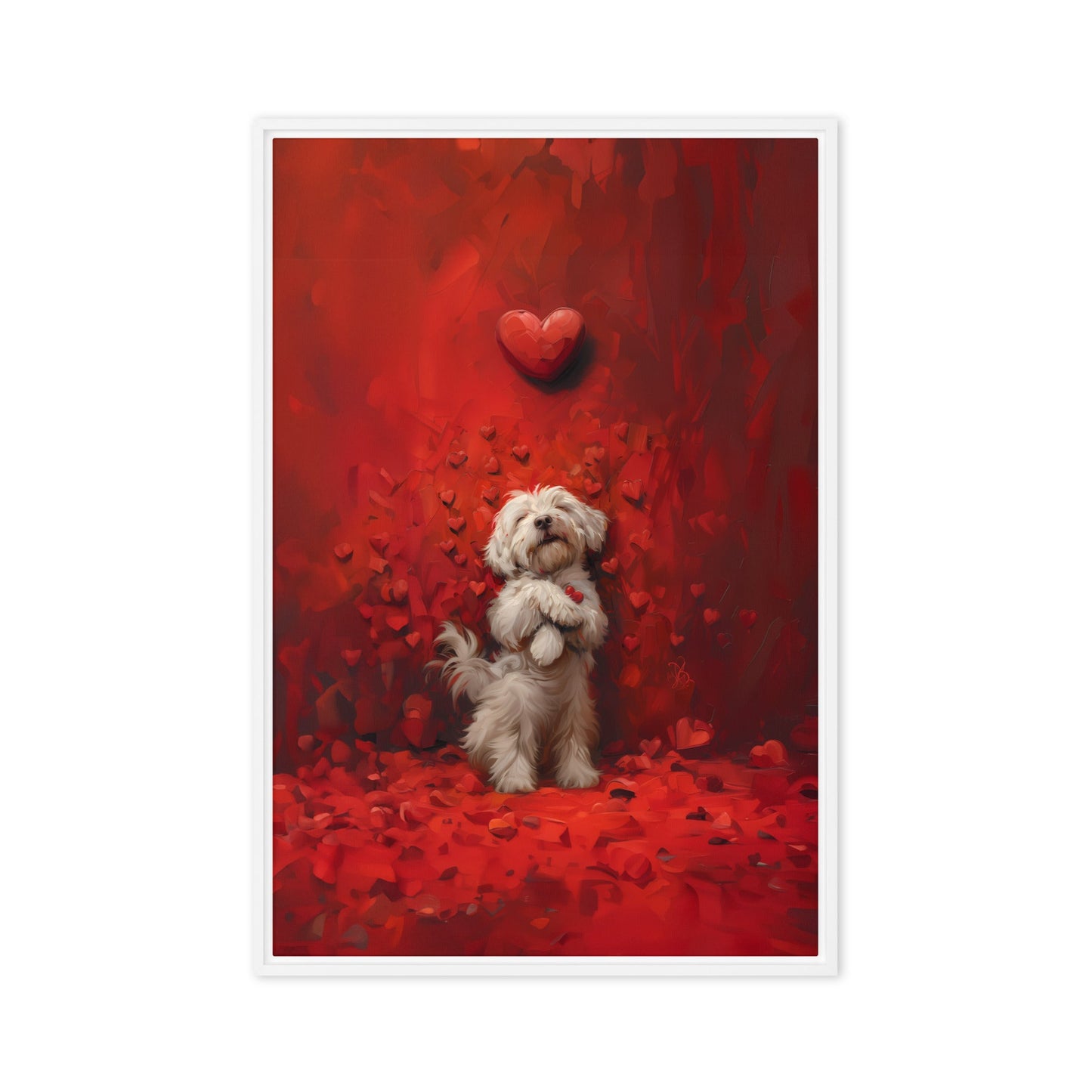 A Coton De Tulear dog stands cuddling hearts that surround him