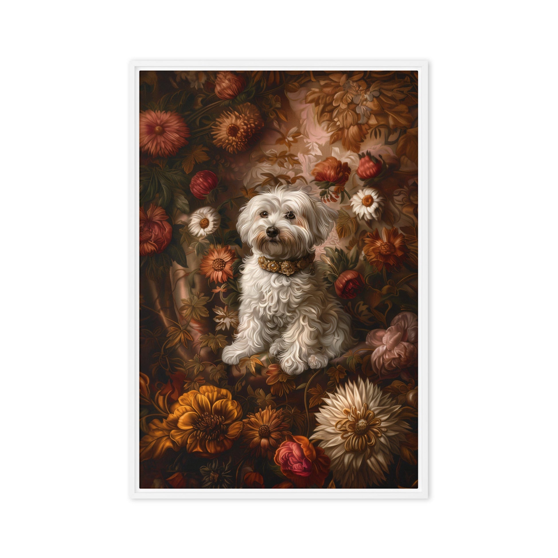 A Coton De Tulear dog featured in a Renaissance Painting with floral background