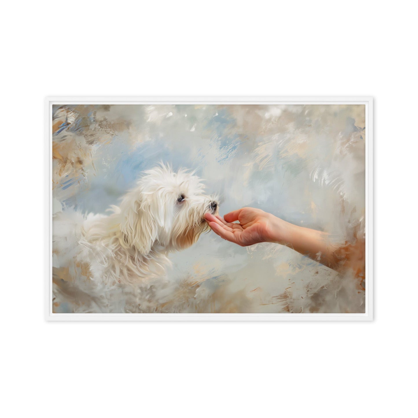 A Coton De Tulear dog kisses a human hand in the clouds