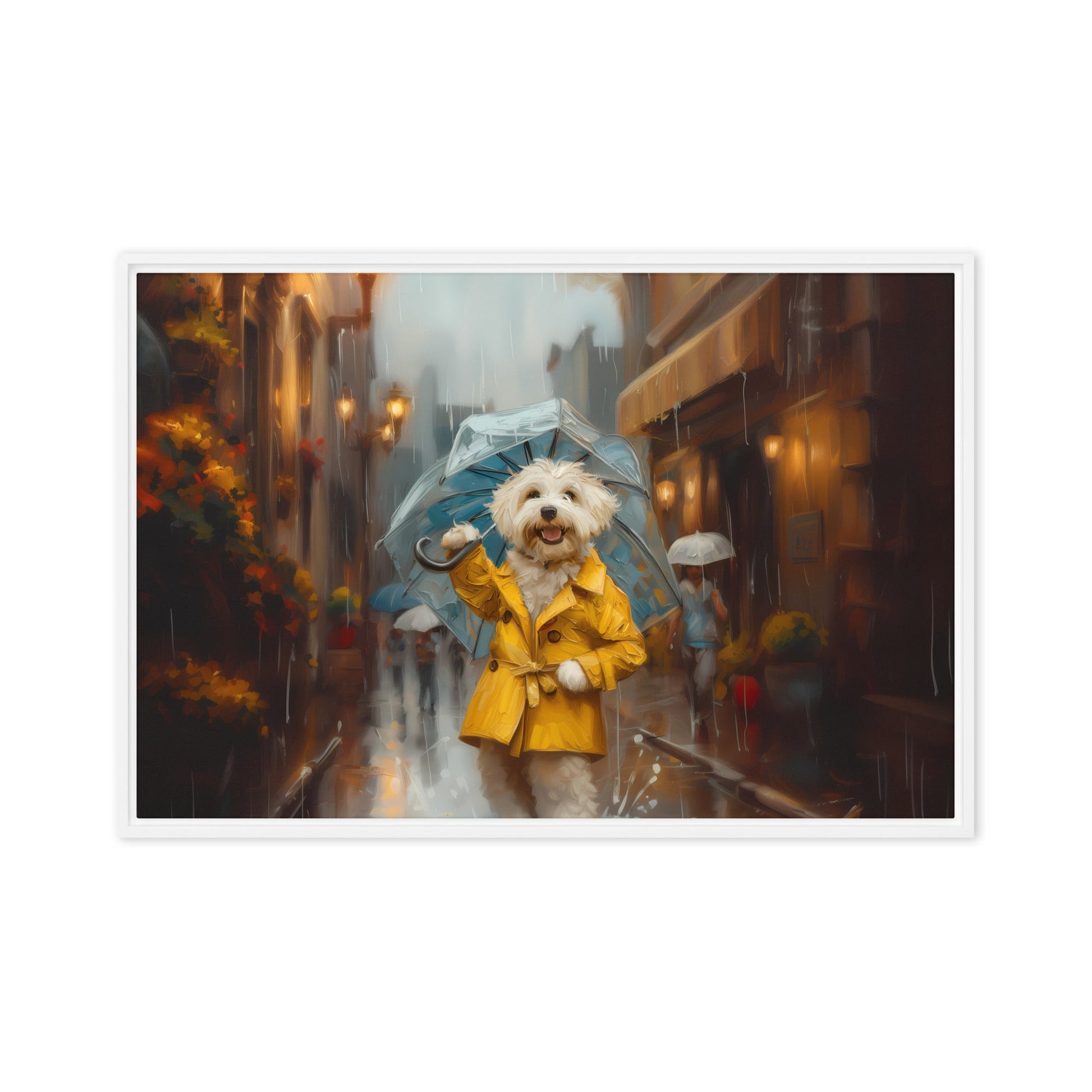 A Coton de Tulear walks down a rainy street upright wearing a yellow rain coat and umbrella.