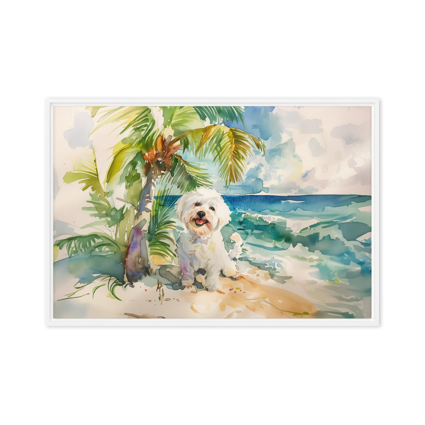 A Coton de Tulear relaxes on an island beach scene.