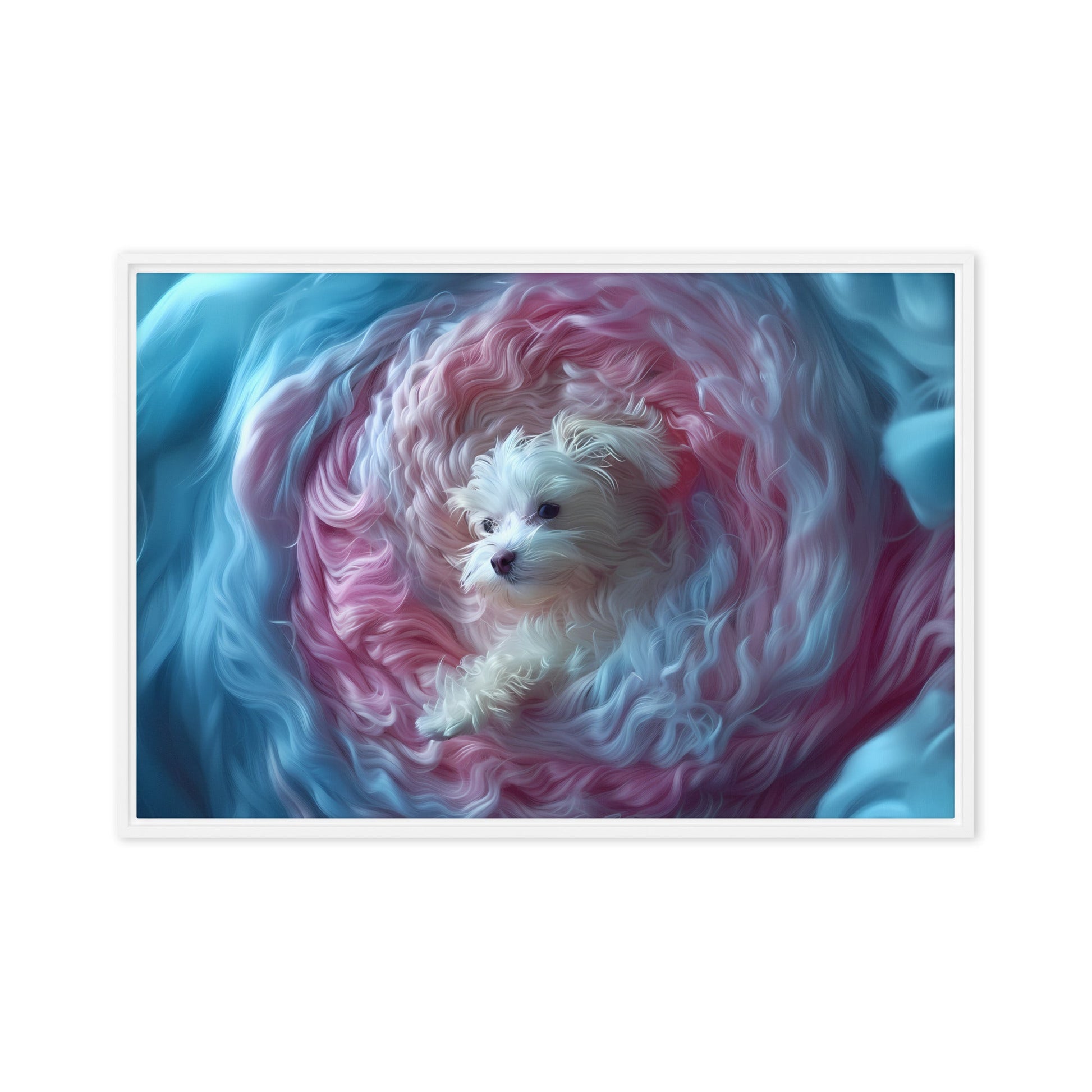 A Coton de Tulear wrapped in a 2D relief of swirling winds.