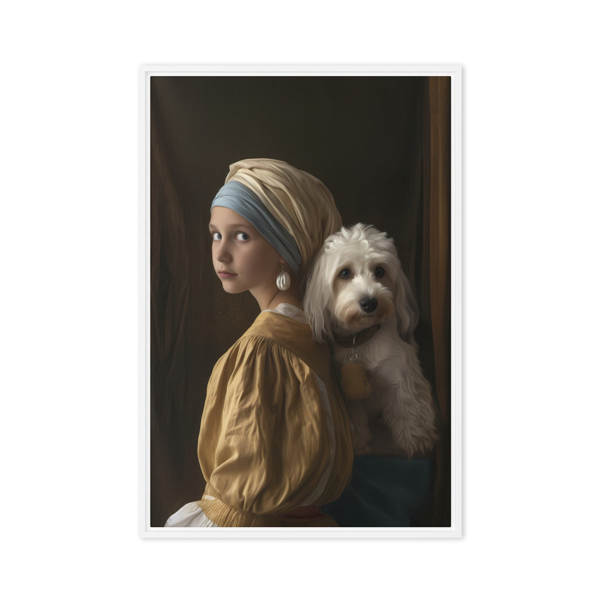 A Coton De Tulear dog stars in the painting "Girl with a Pearl Earing" 