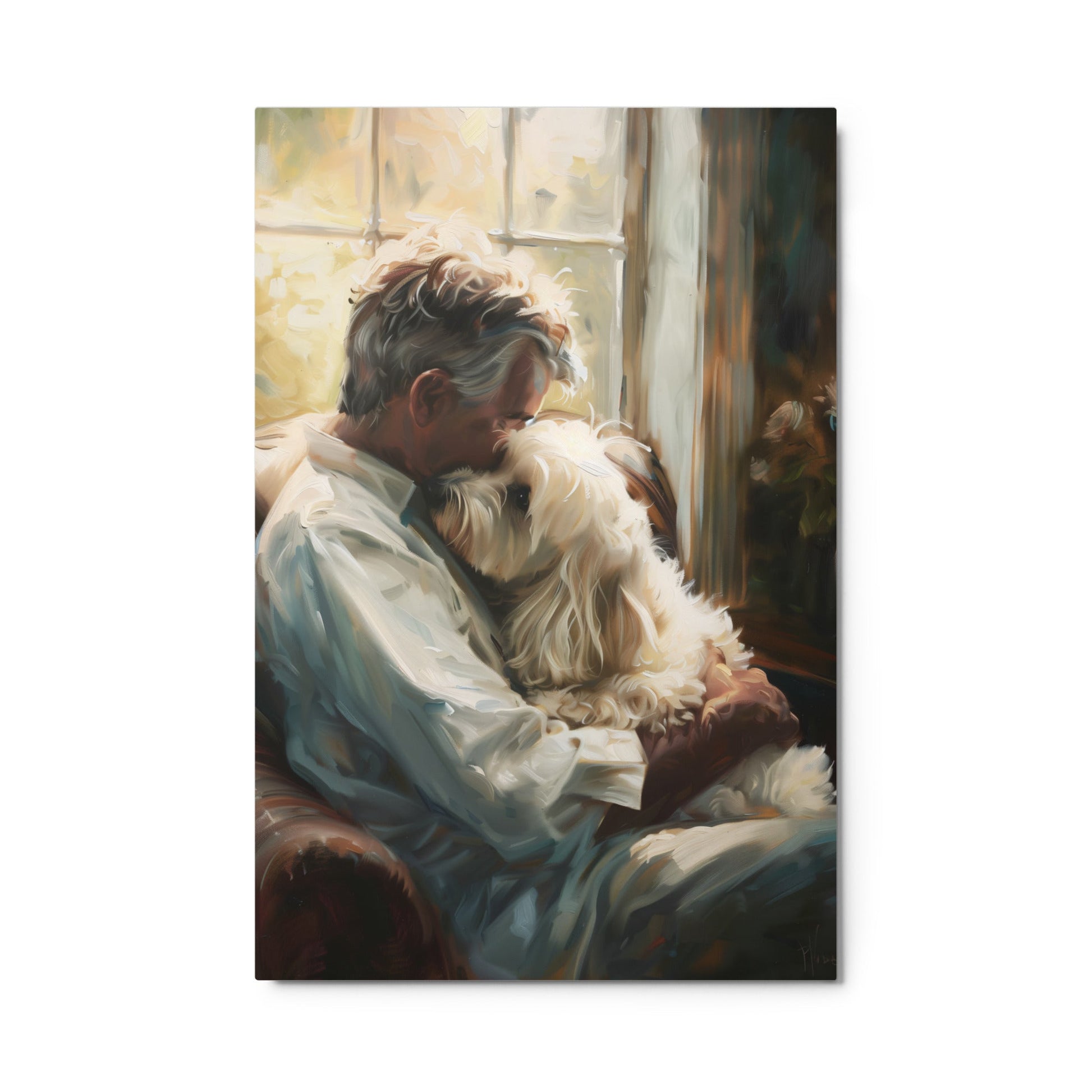 Man holds his Coton De Tulear dog sitting on a chair in a study