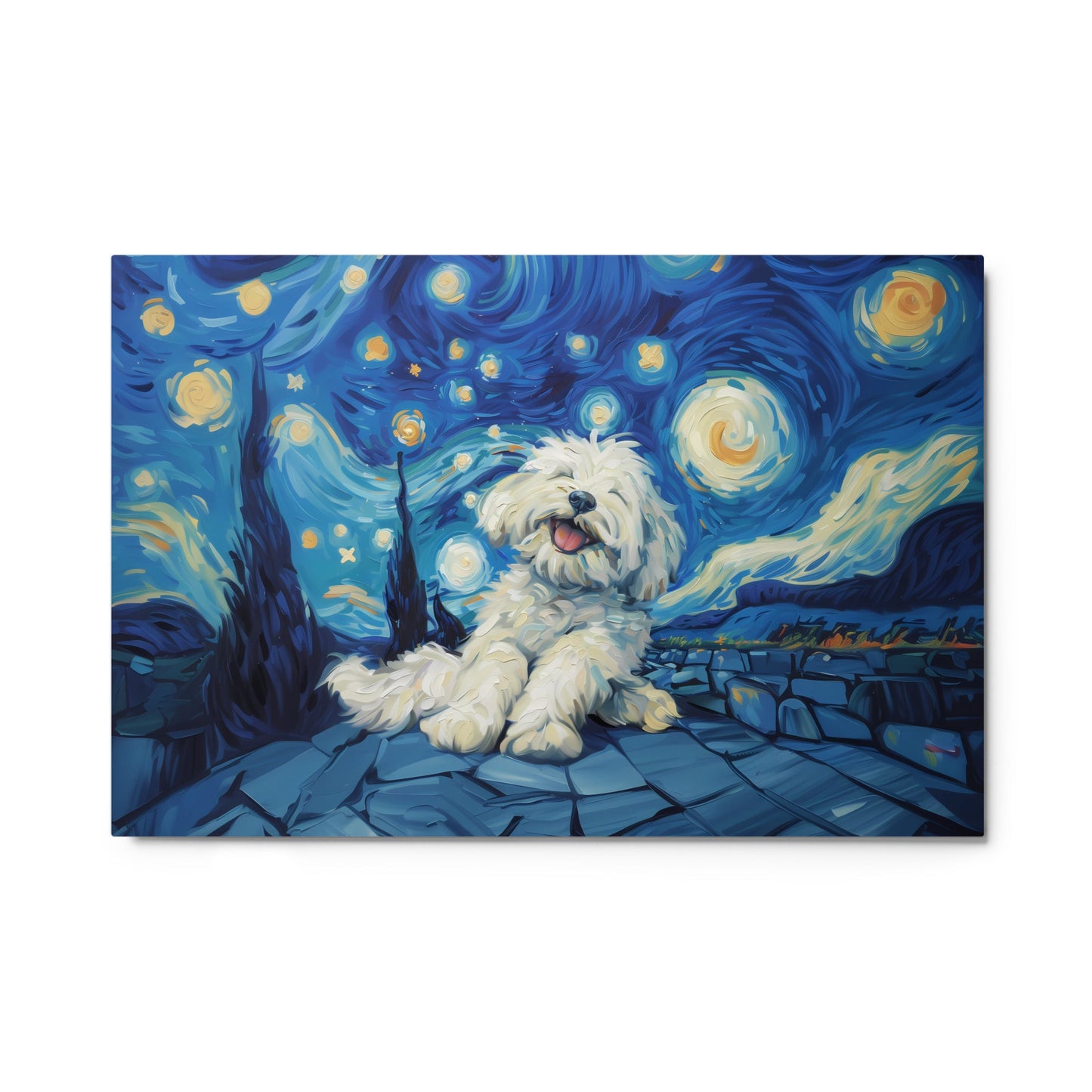 Van Gogh's Starry Night with a Happy Coton de Tulear.