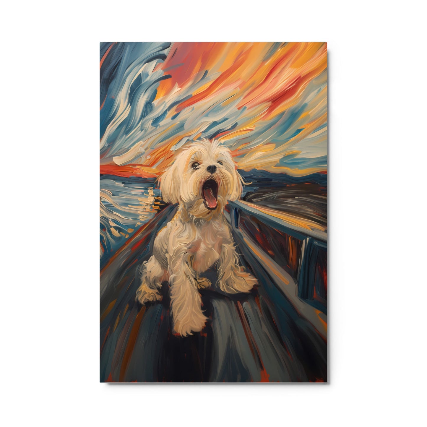 A Coton de Tulear howls in a parody painting of The Scream.