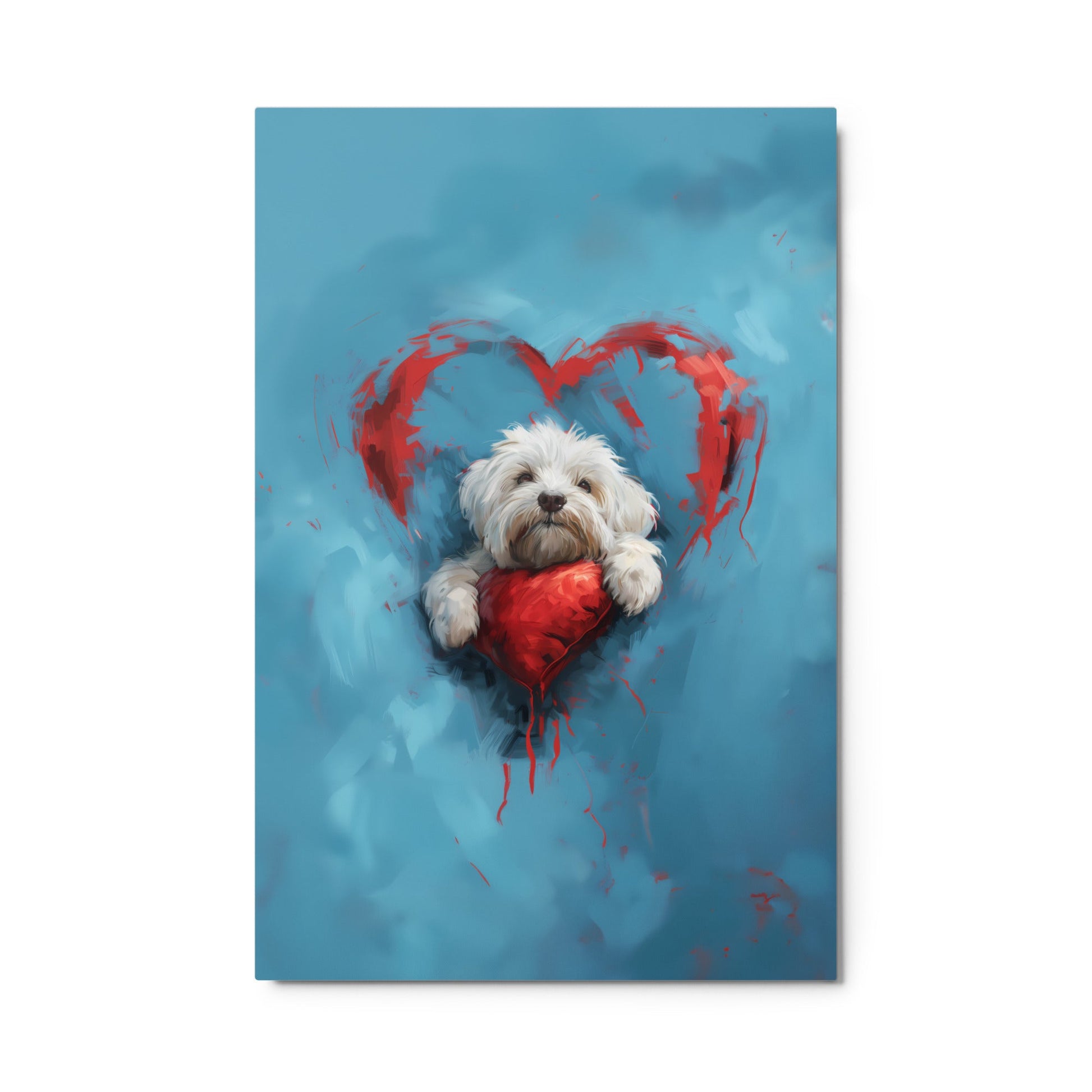 A Coton de Tulear sits on a red heart, surrounded by a red heart on a blue background. 