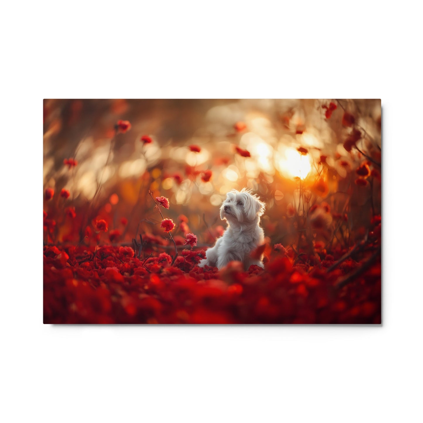 A Coton De Tulear dog sits in among red flowers at sunset