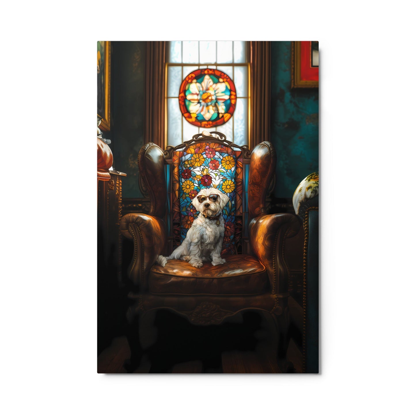 A Chic Coton de Tulear sits on a brown leather couch in a library with stained glass window.