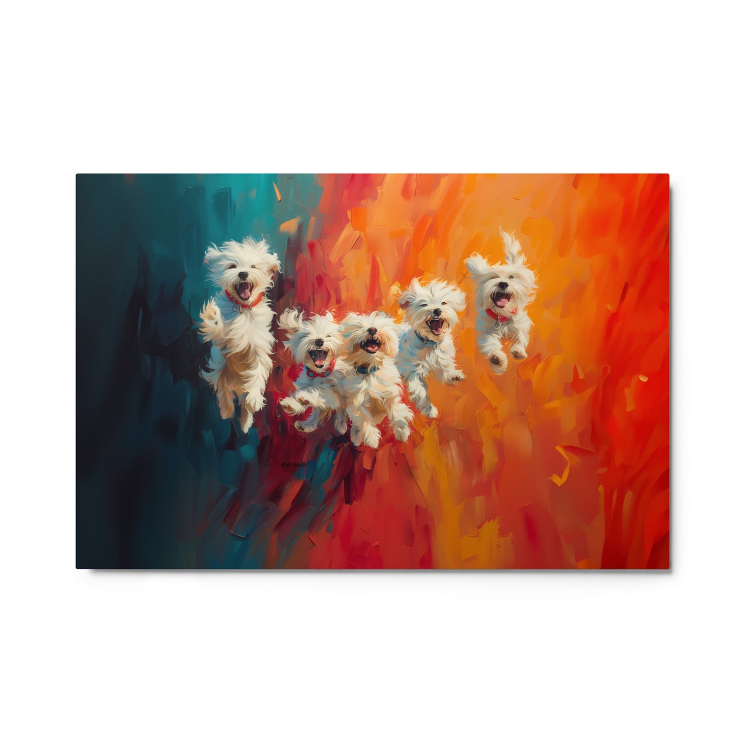 Five coton de Tulear puppies jumping in the air. Oil painting with blue and orange background.