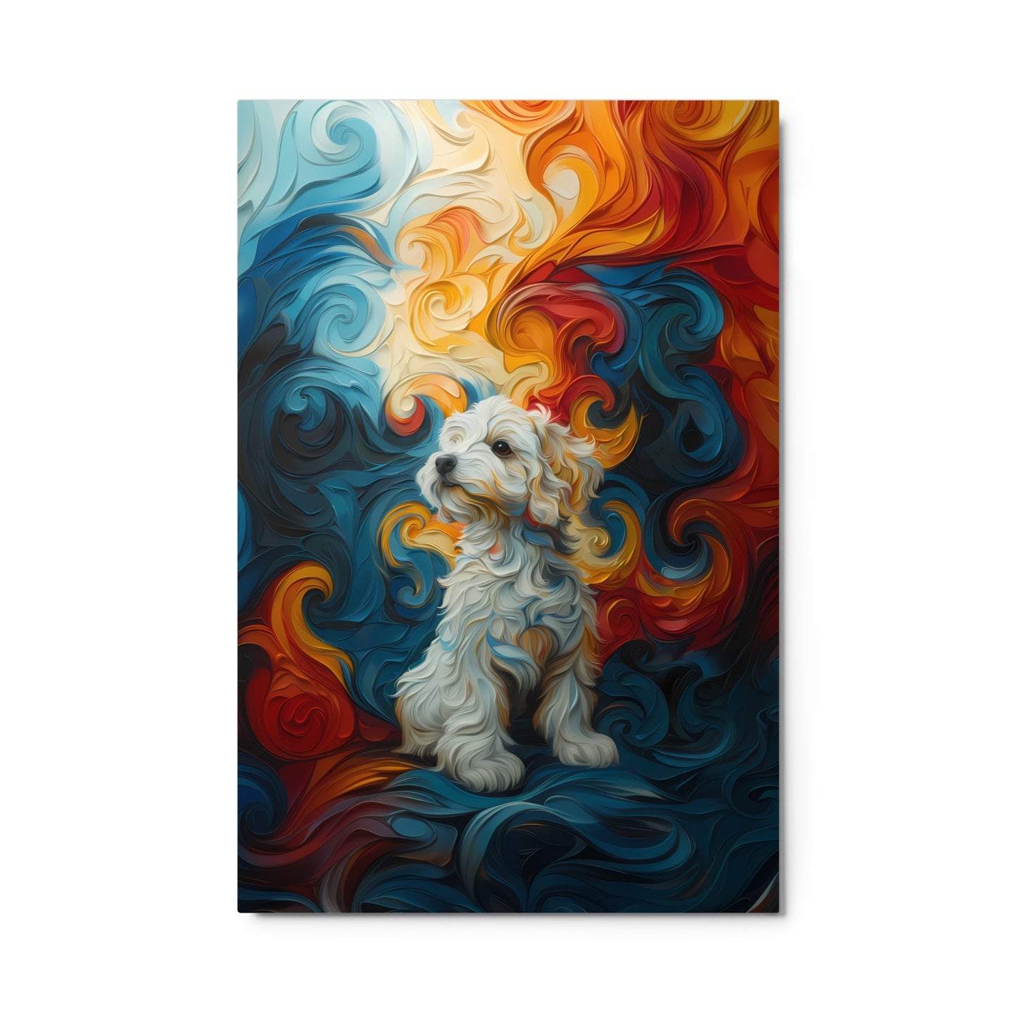 A Coton de Tulear sits in front of a swirling background of color: reds, oranges, yellows and blues.