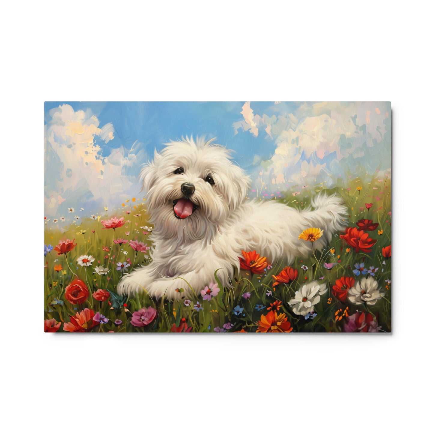 A happy coton de tulear sits on a grass hill with wildflowers.