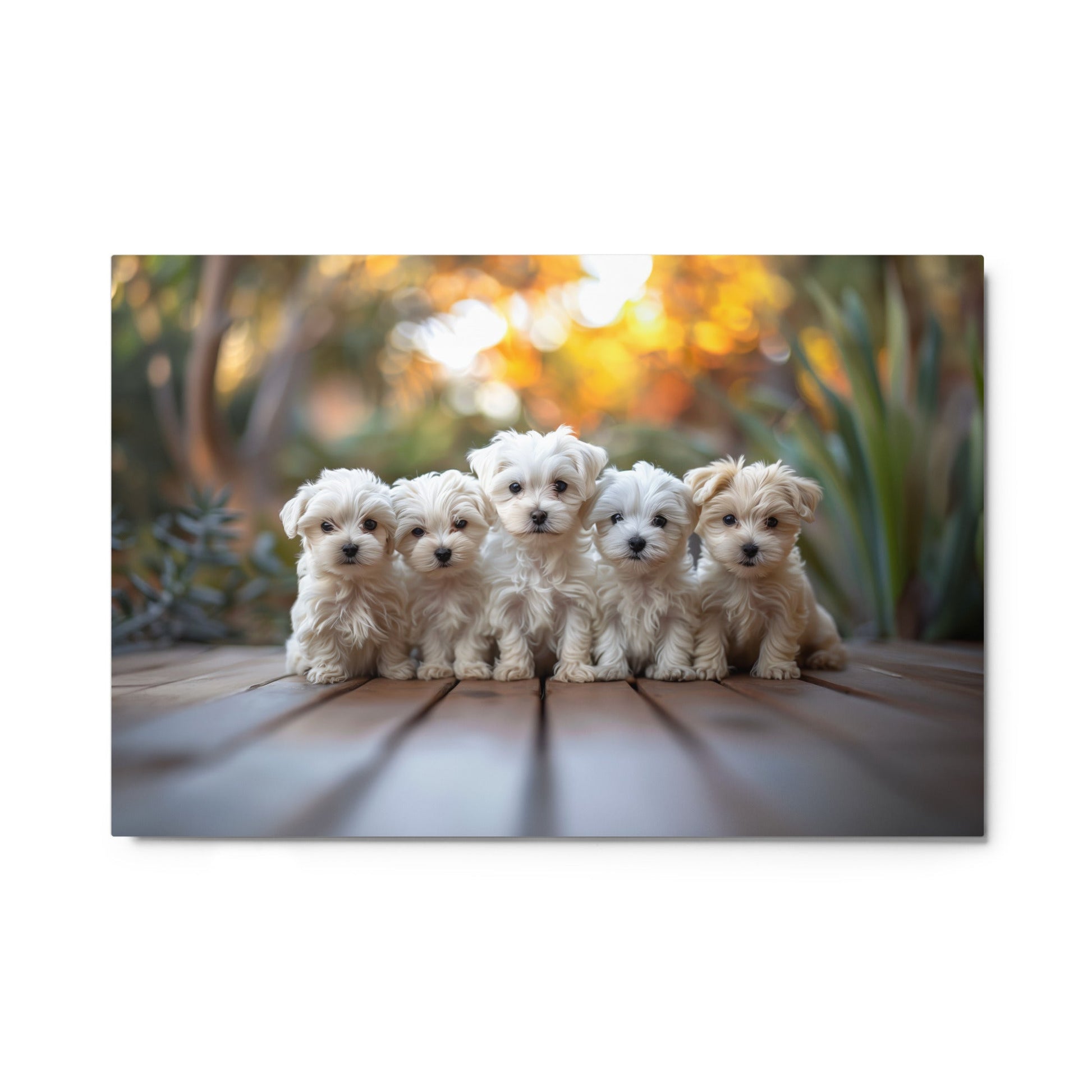 Five Coton de Tulear puppies lined up on a wood deck with greenery in the background. 