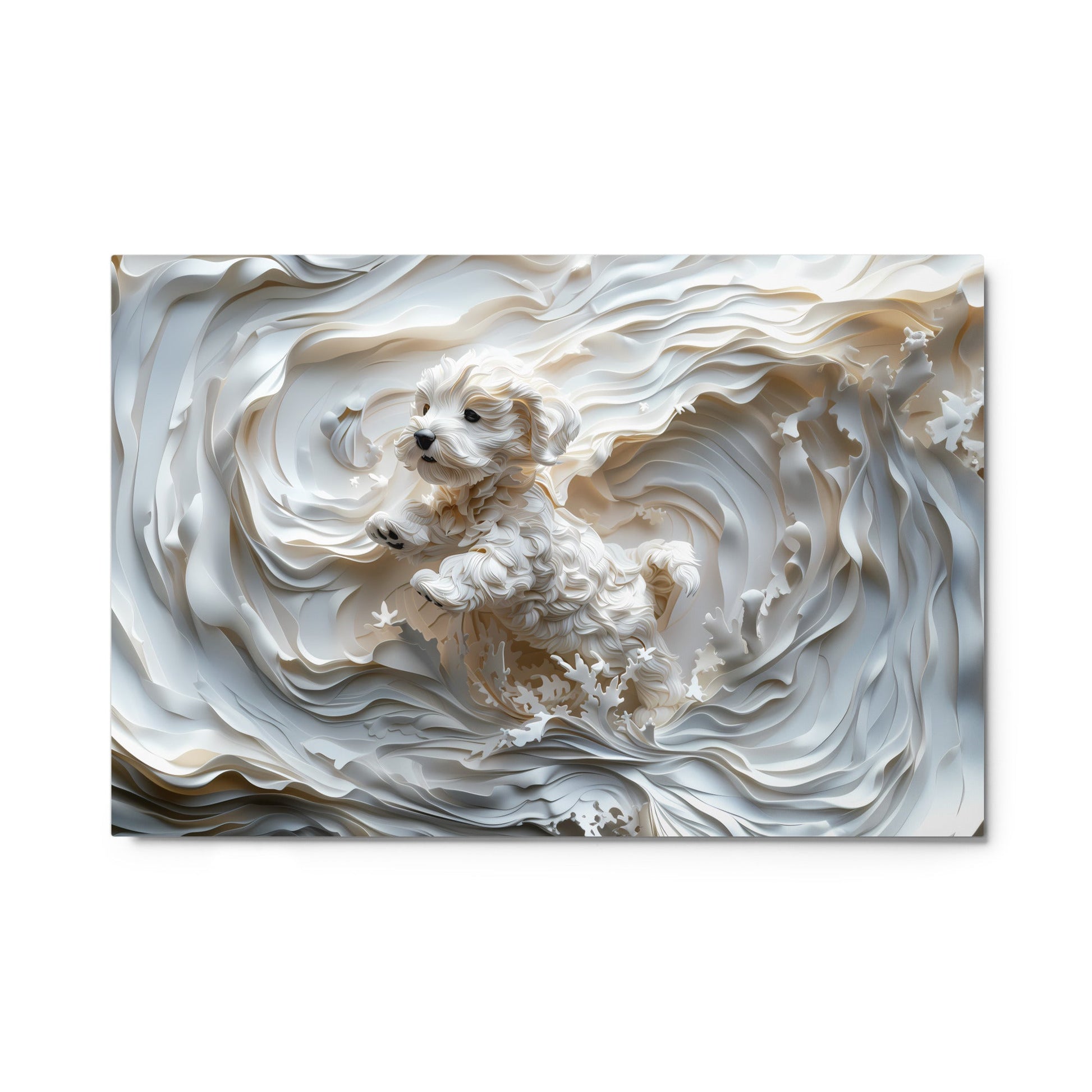 A Coton de Tulear relief with swirling background, all white. 