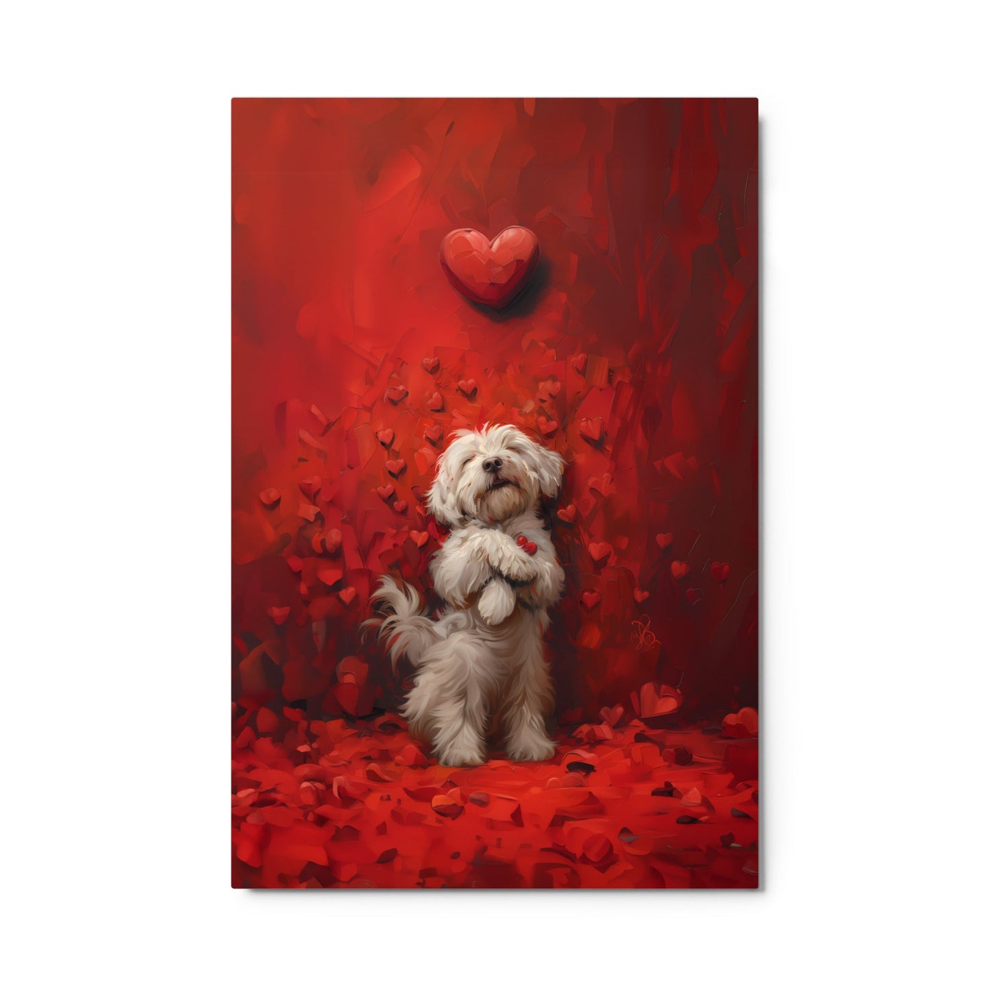 A Coton De Tulear dog stands cuddling hearts that surround him