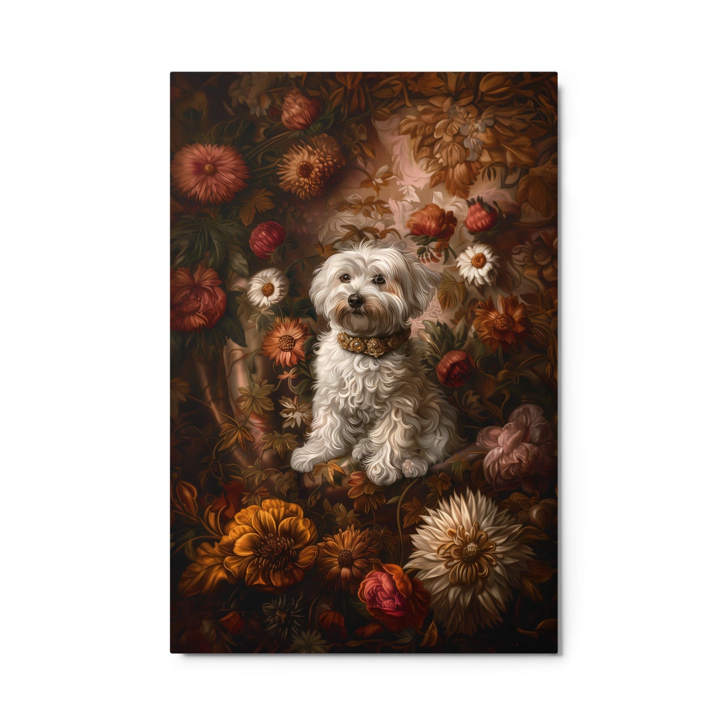 A Coton De Tulear dog featured in a Renaissance Painting with floral background