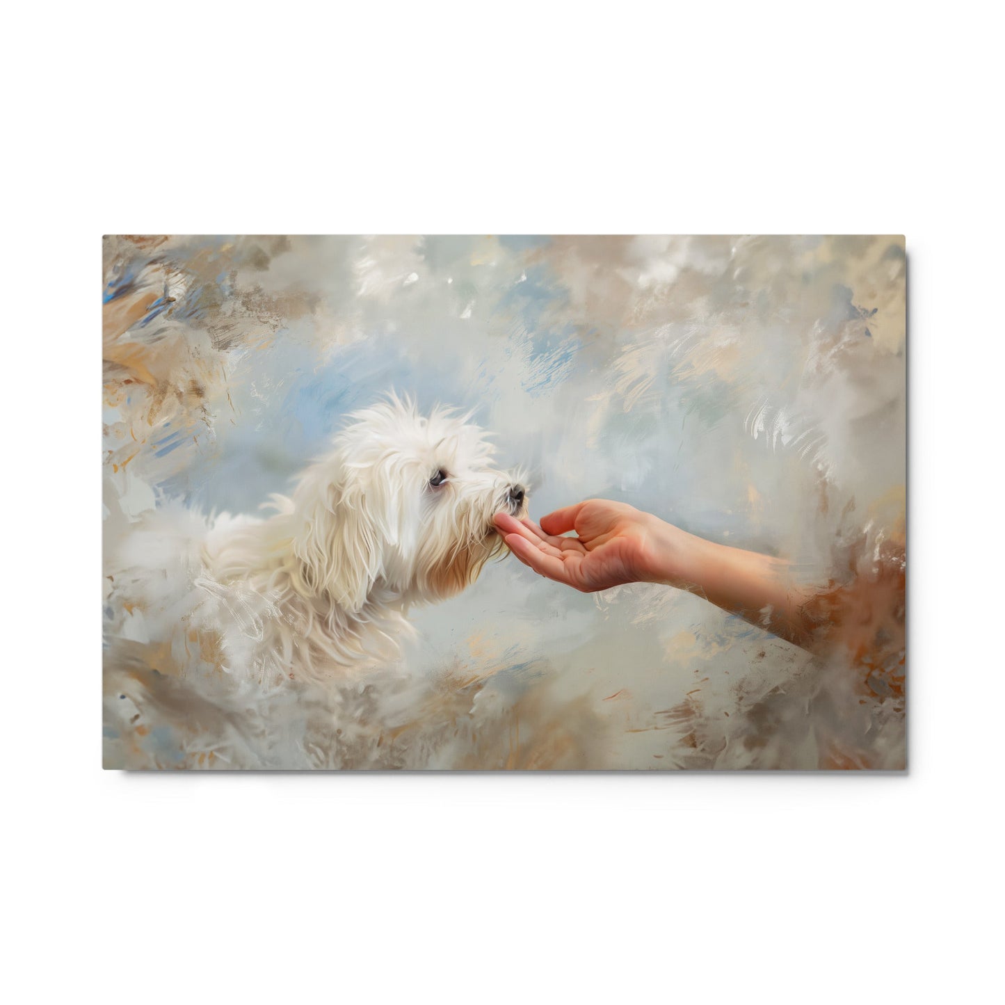 A Coton De Tulear dog kisses a human hand in the clouds