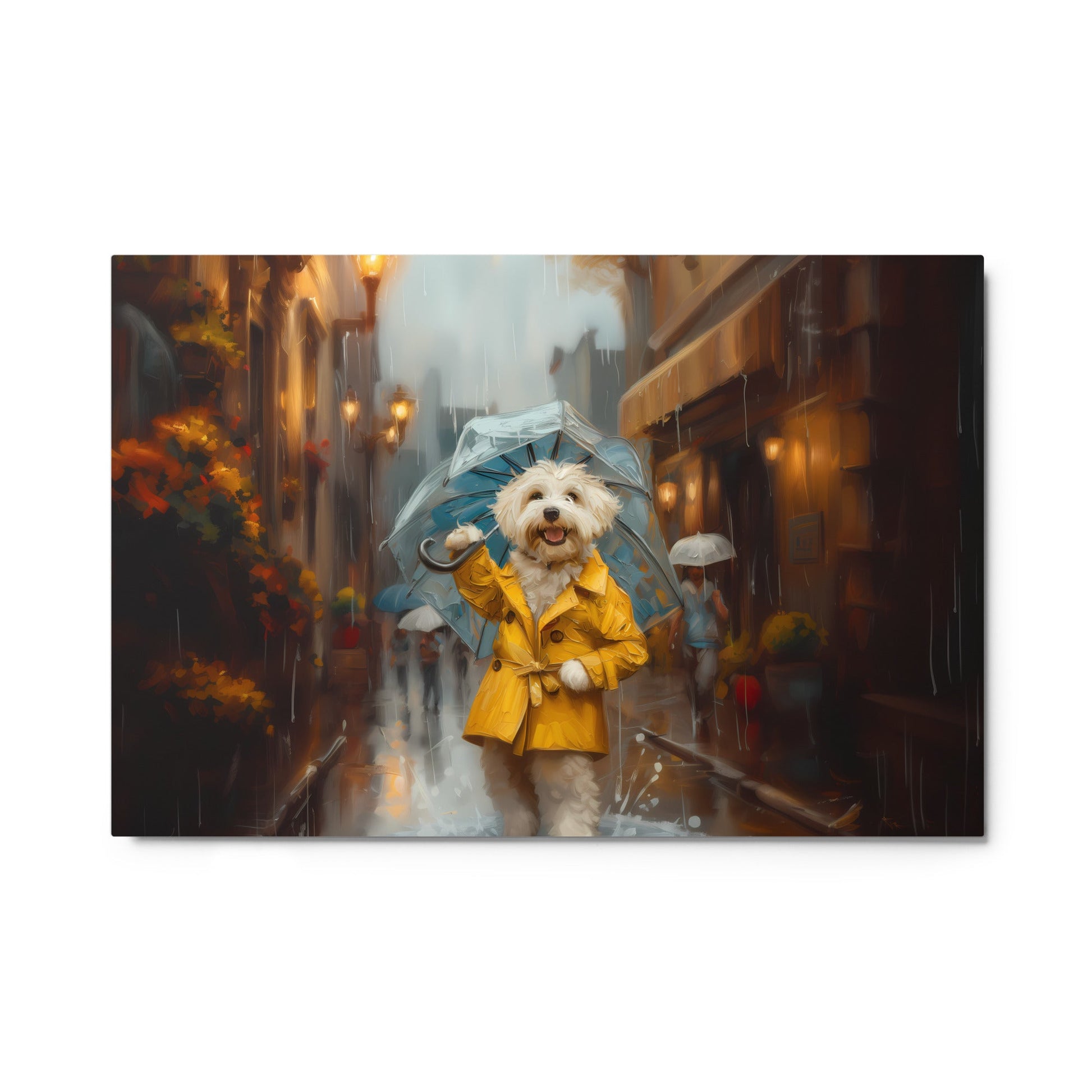 A Coton de Tulear walks down a rainy street upright wearing a yellow rain coat and umbrella.