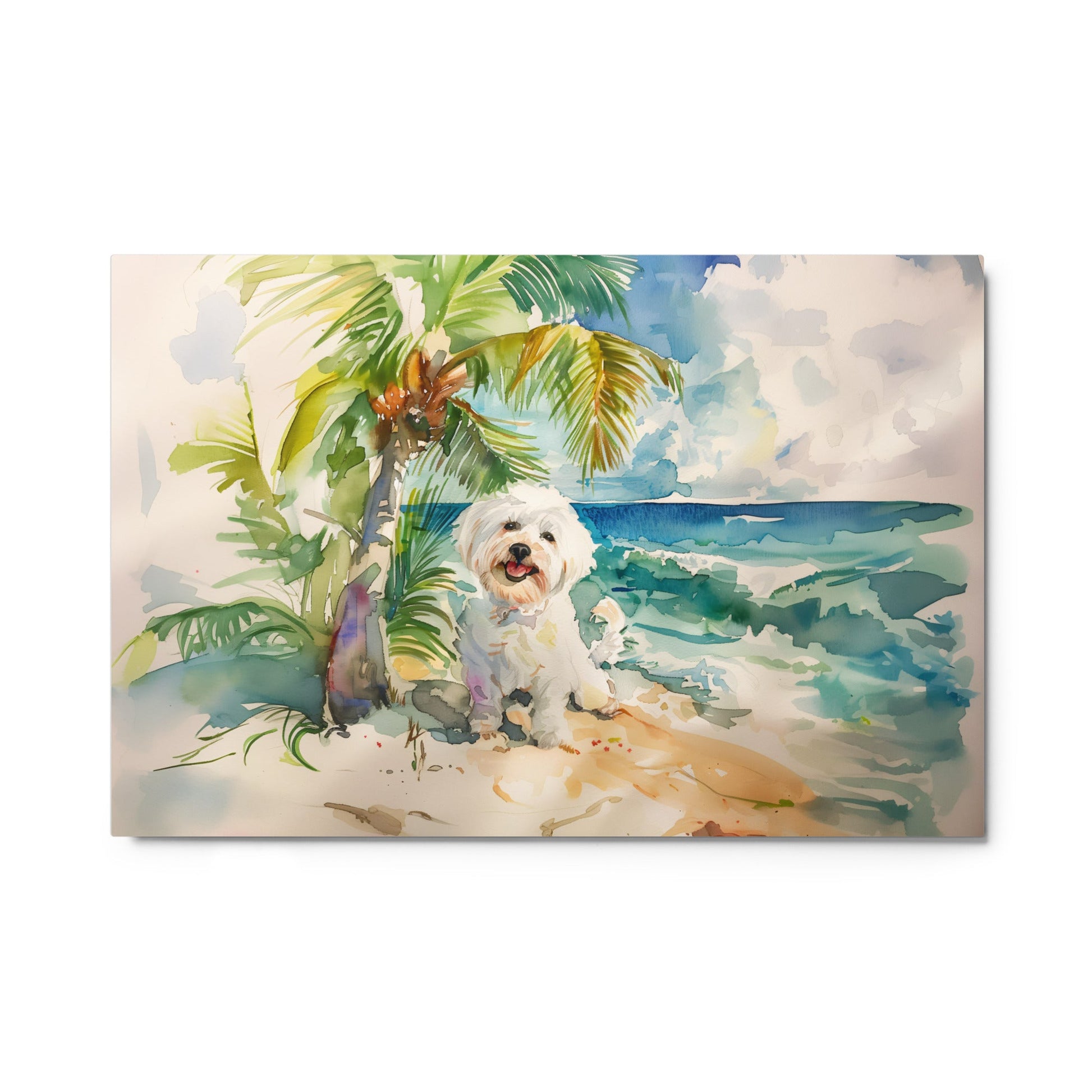 A Coton de Tulear relaxes on an island beach scene.