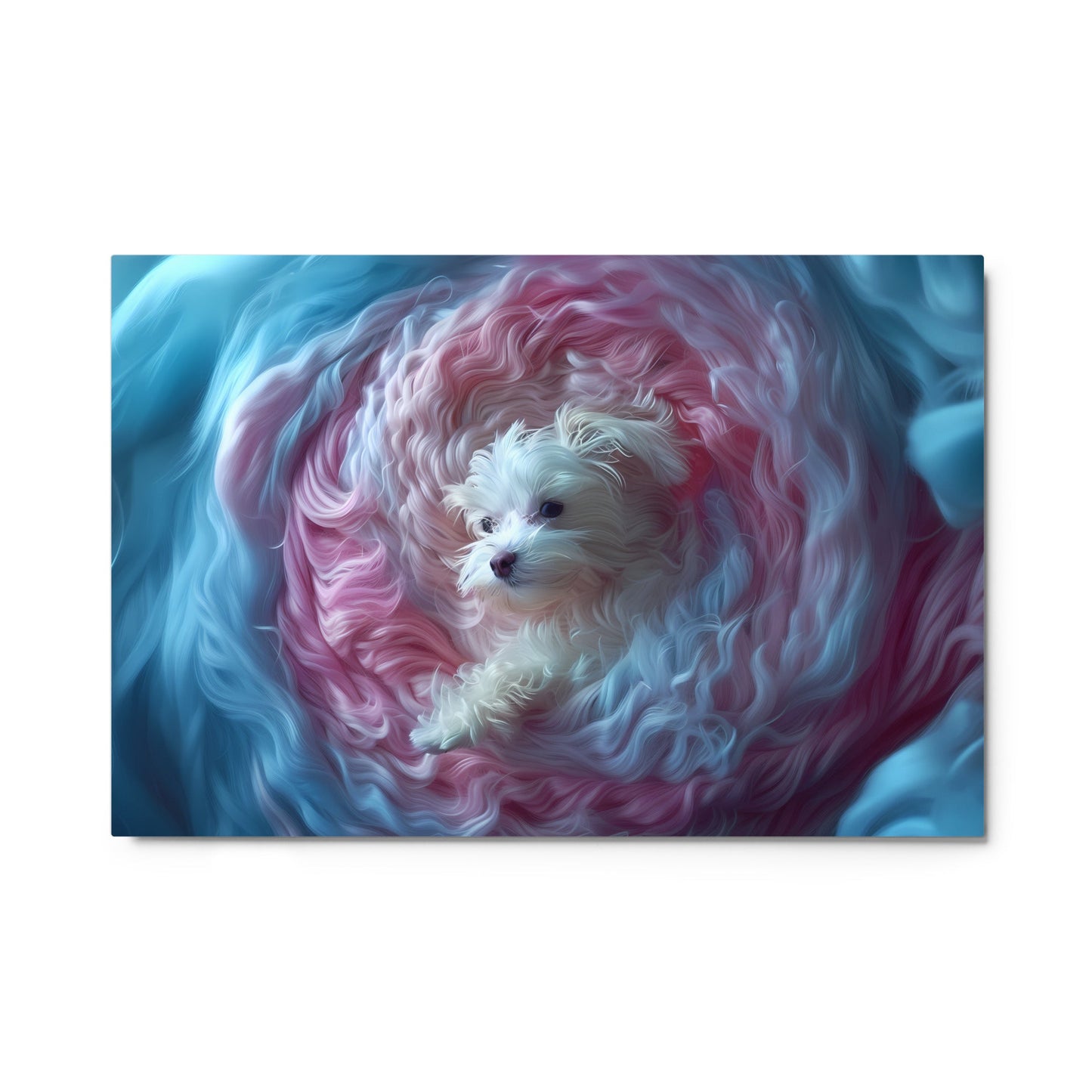 A Coton de Tulear wrapped in a 2D relief of swirling winds.