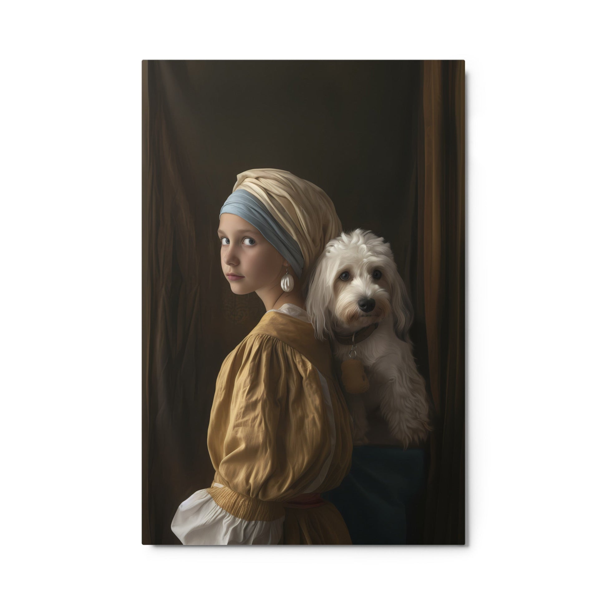 A Coton De Tulear dog stars in the painting "Girl with a Pearl Earing" 