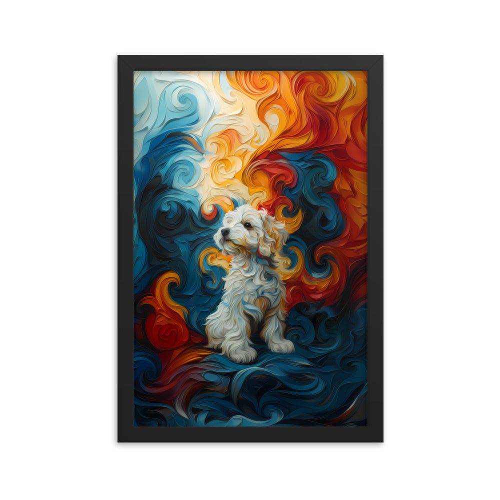 A Coton de Tulear sits in front of a swirling background of color: reds, oranges, yellows and blues.