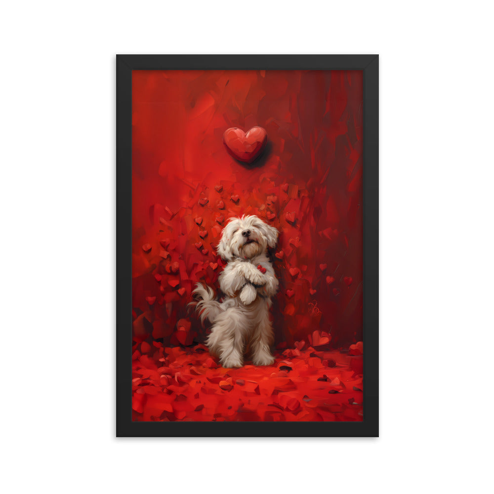 A Coton De Tulear dog stands cuddling hearts that surround him