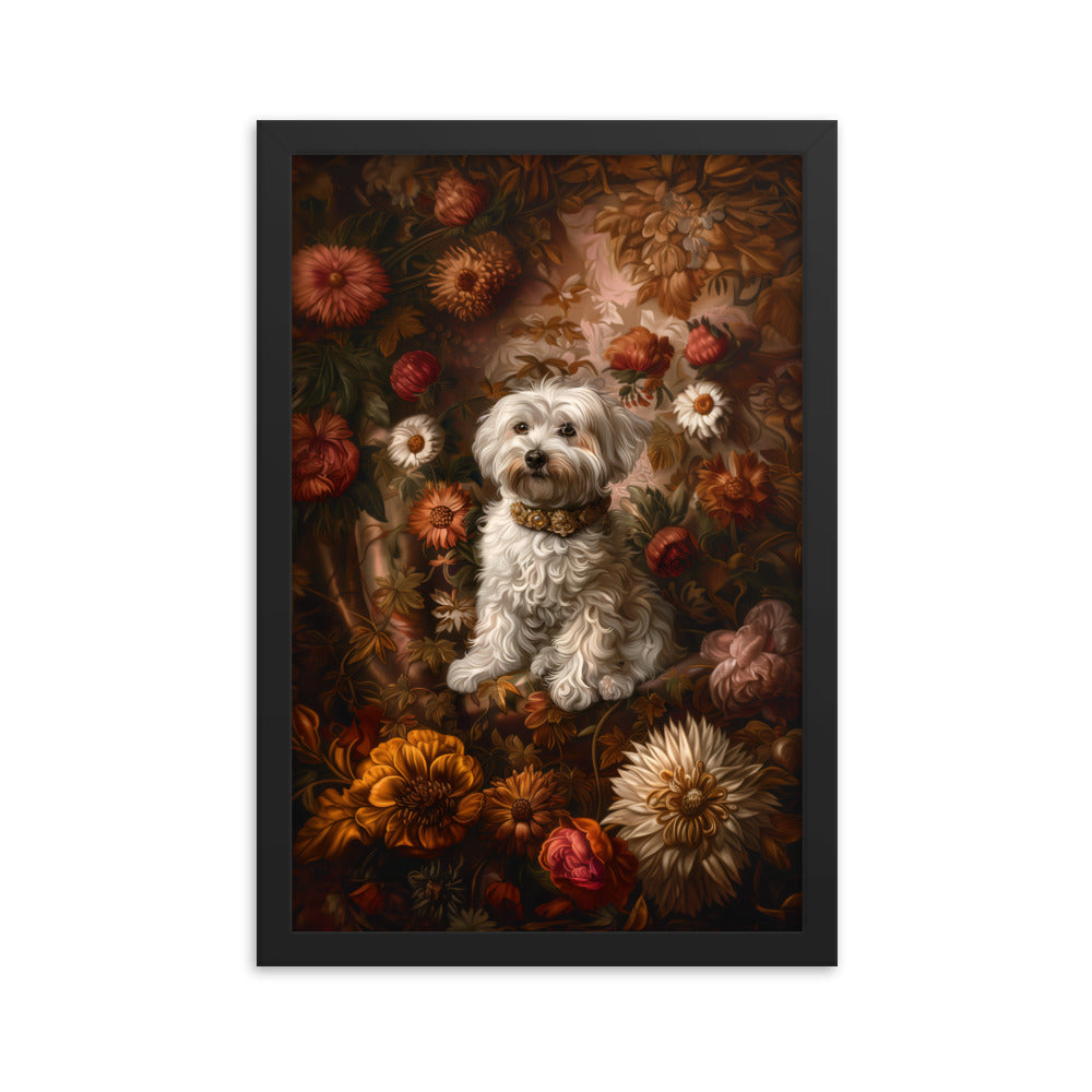 A Coton De Tulear dog featured in a Renaissance Painting with floral background