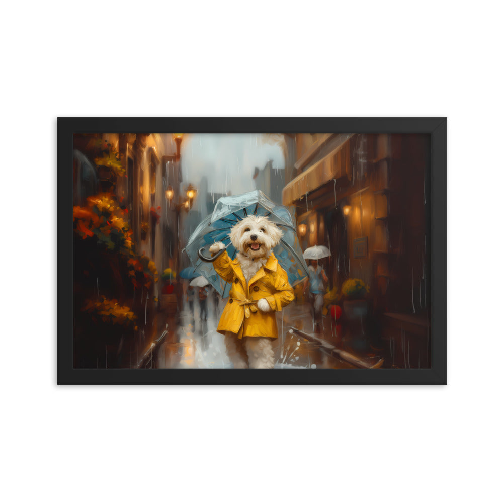 A Coton de Tulear walks down a rainy street upright wearing a yellow rain coat and umbrella.